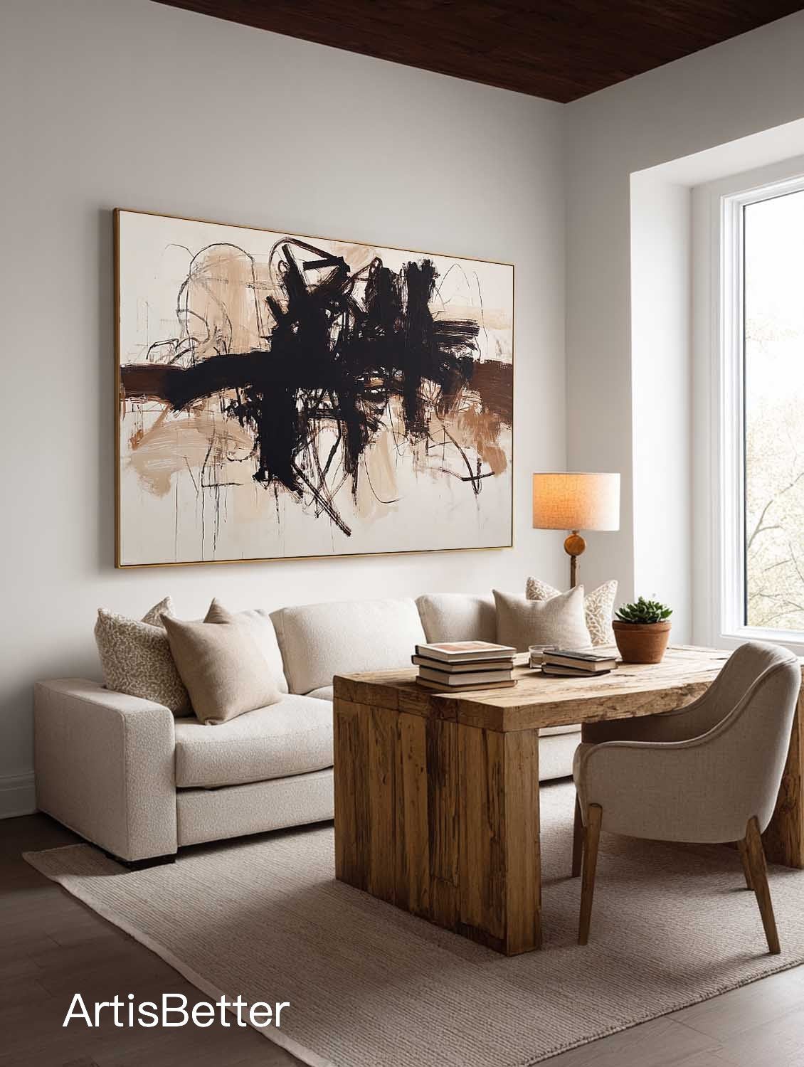 Minimalist Beige And Black Abstract Painting Beige And Black Minimalist Abstract Wall Art Neutral Black Abstract Canvas Art