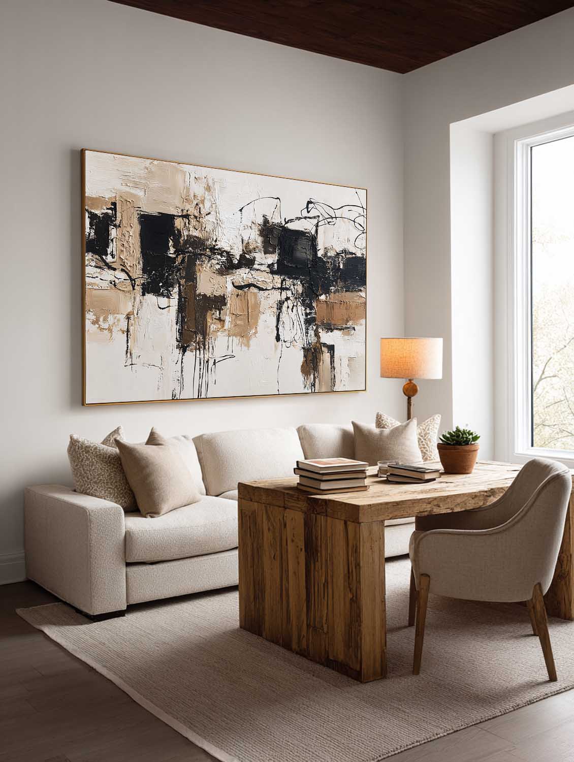 Large Neutral Beige Black Abstract Art Handmade Beige Black Oil Painting Modern Minimalist Wall Art For Living Room