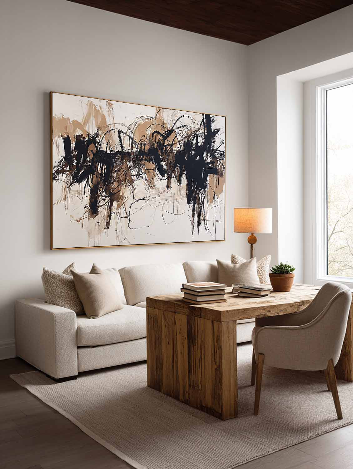 Contemporary Beige And Black Abstract Wall Art Neutral Black Abstract Oil Painting Large Textured Canvas For Modern Home Decor