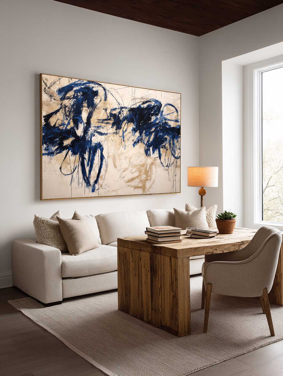 Horizontal Beige Abstract Line Art Painting Minimalist Horizontal Beige Abstract Line Painting Large Blue Line Wall Art