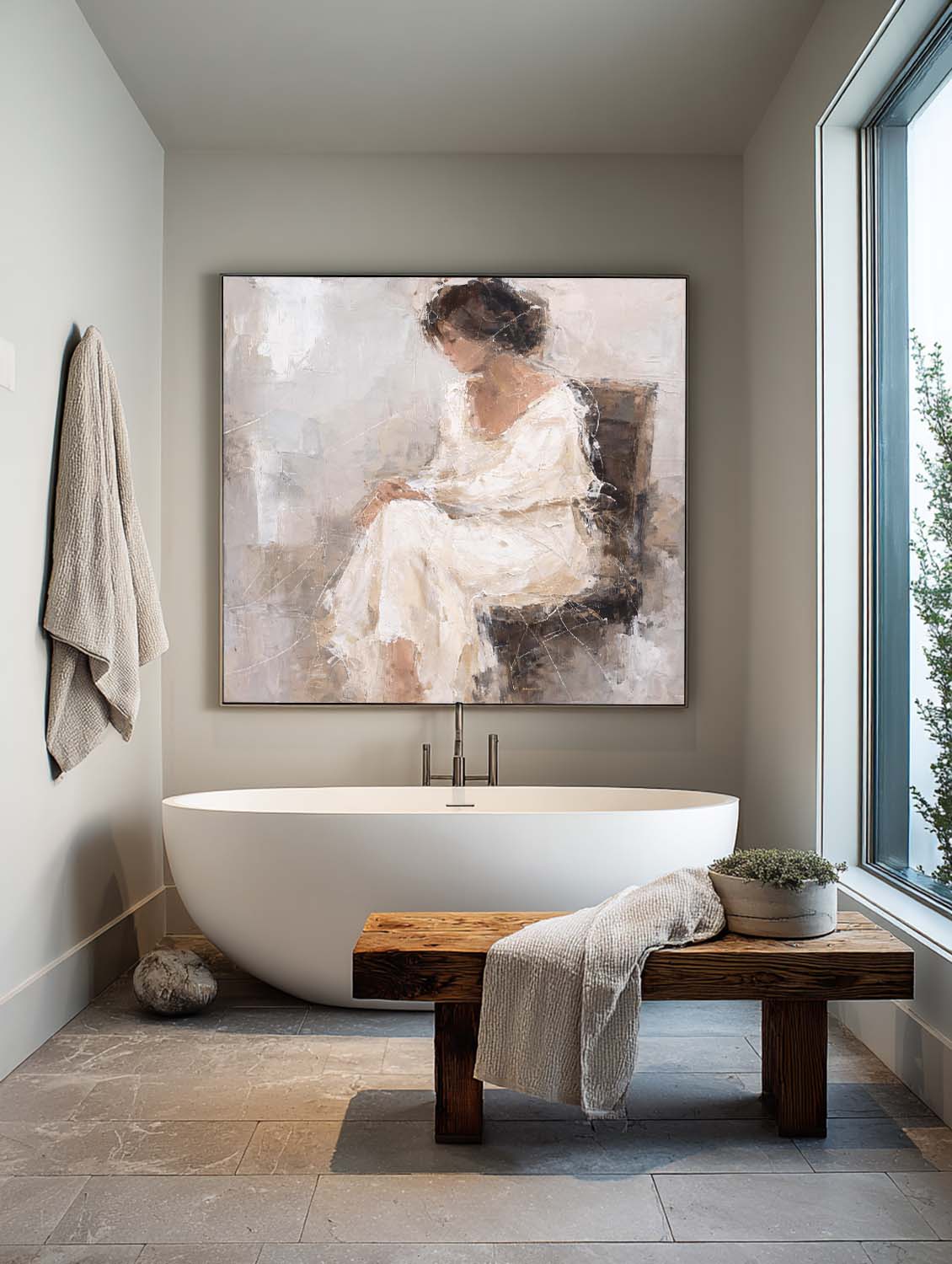 Handmade Abstract Oil Painting Of Woman Original Abstract Oil Painting Of Woman Minimalist Beige And White Female Figure Art