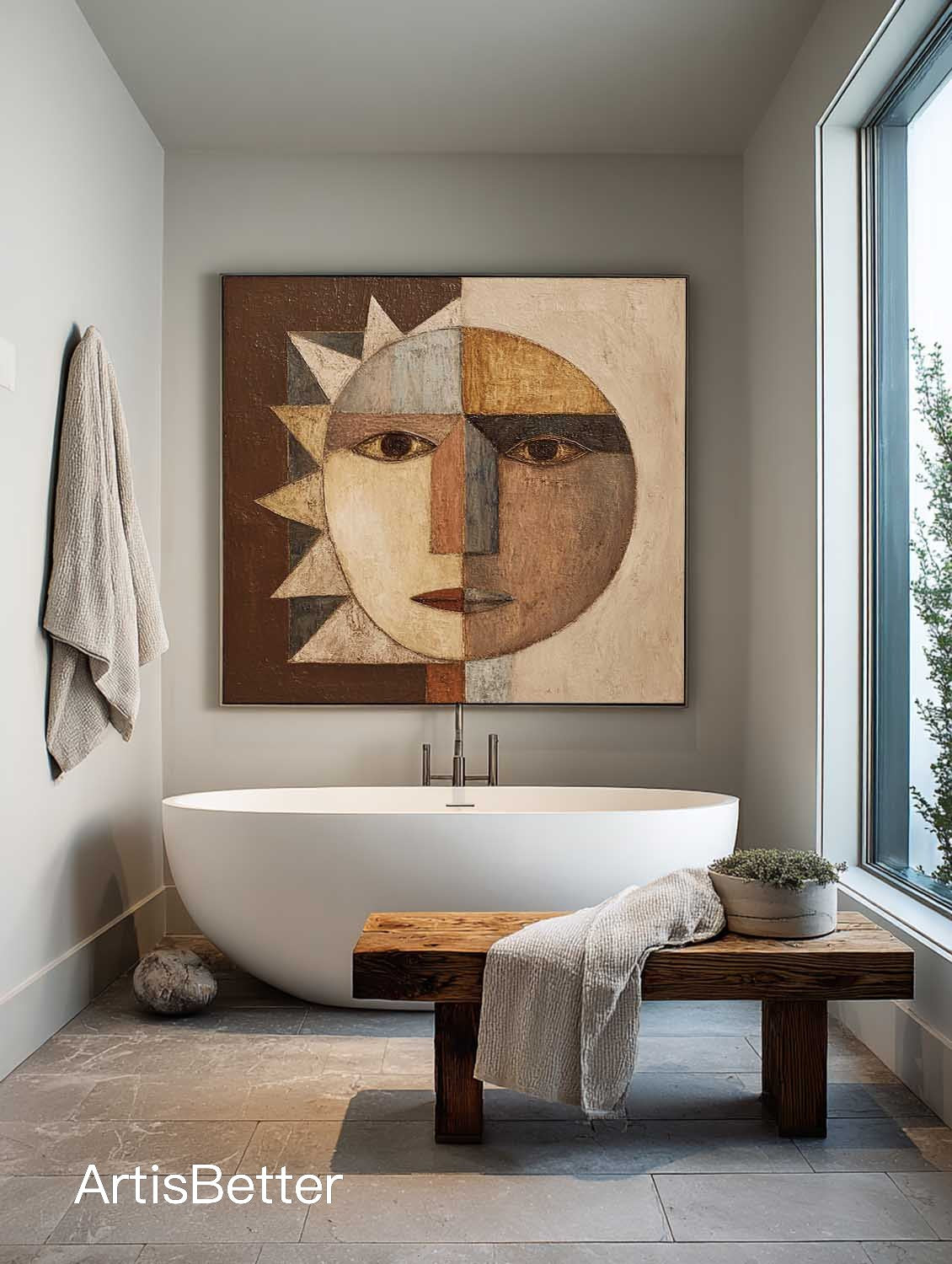 Large Textured Abstract Portrait Wall Art Minimalist Textured Geometric Abstract Artwork Brown Geometric Canvas Painting