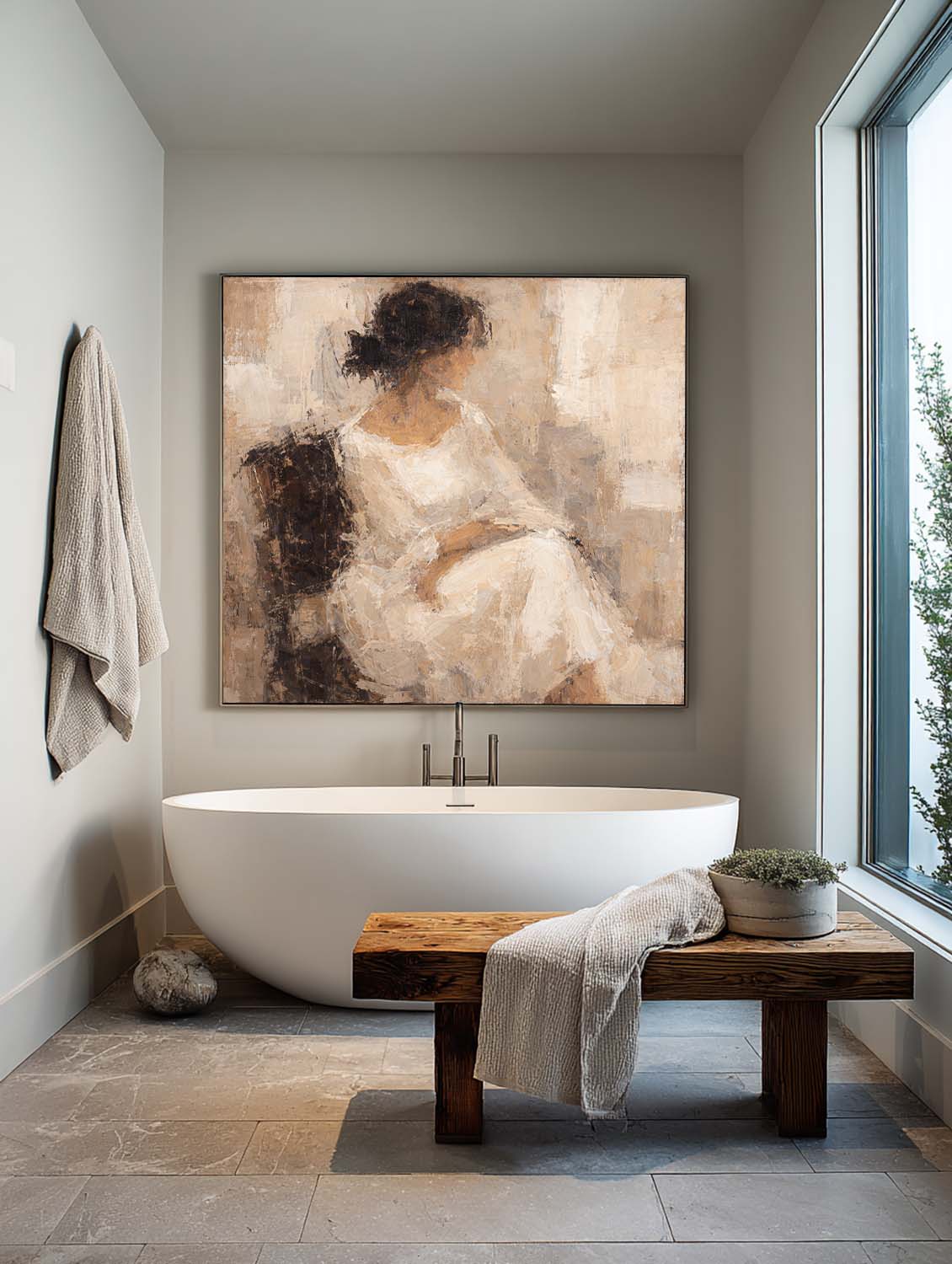 Handmade Minimalist Brown And White Female Portrait Abstract Female Wall Art Abstract Female Portrait Painting