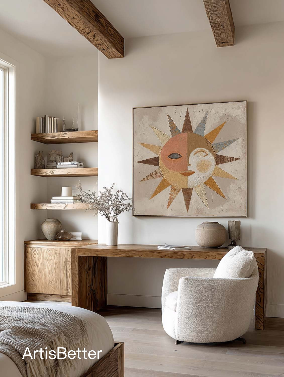 Original Textured Abstract Sun Face Wall Art Large Textured Abstract Portrait Canvas Neutral Beige Canvas Wall Art