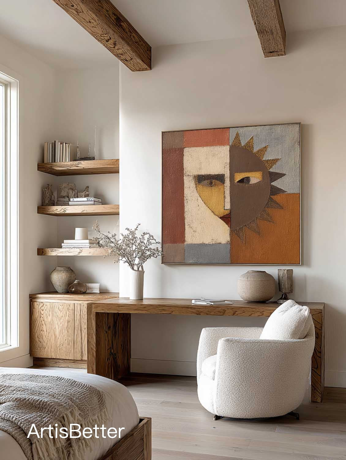 Large Abstract Sun Facial Art Handmade Colorful Geometry Oil Painting Original Earth Tone Geometric Abstract Painting