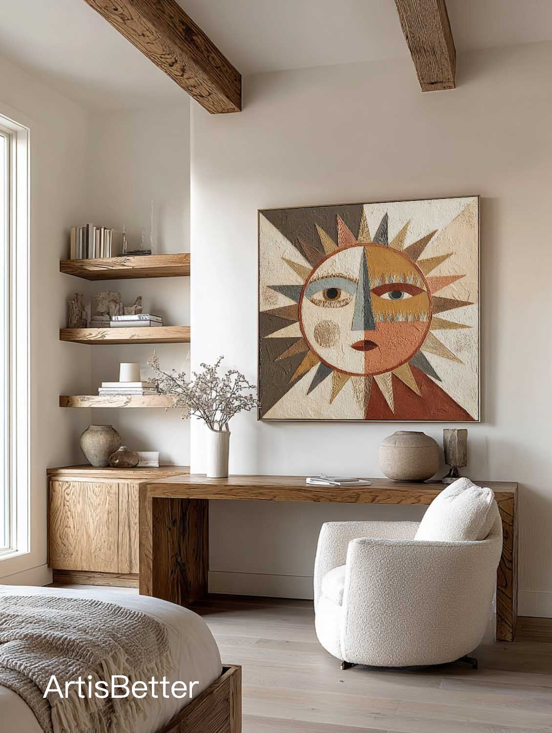 Handmade Textured Geometric Abstract Sun Face Art Original Textured Abstract Sun Face Oil Painting Neutral Earth Tone Painting