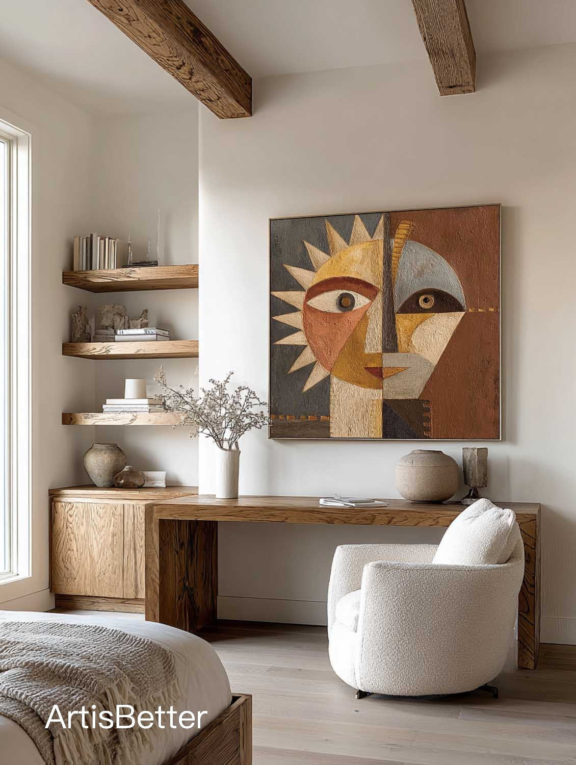 Handmade Textured Abstract Portrait Oil Painting Neutral Brown Canvas Artwork Large Textured Geometric Sun Face Art