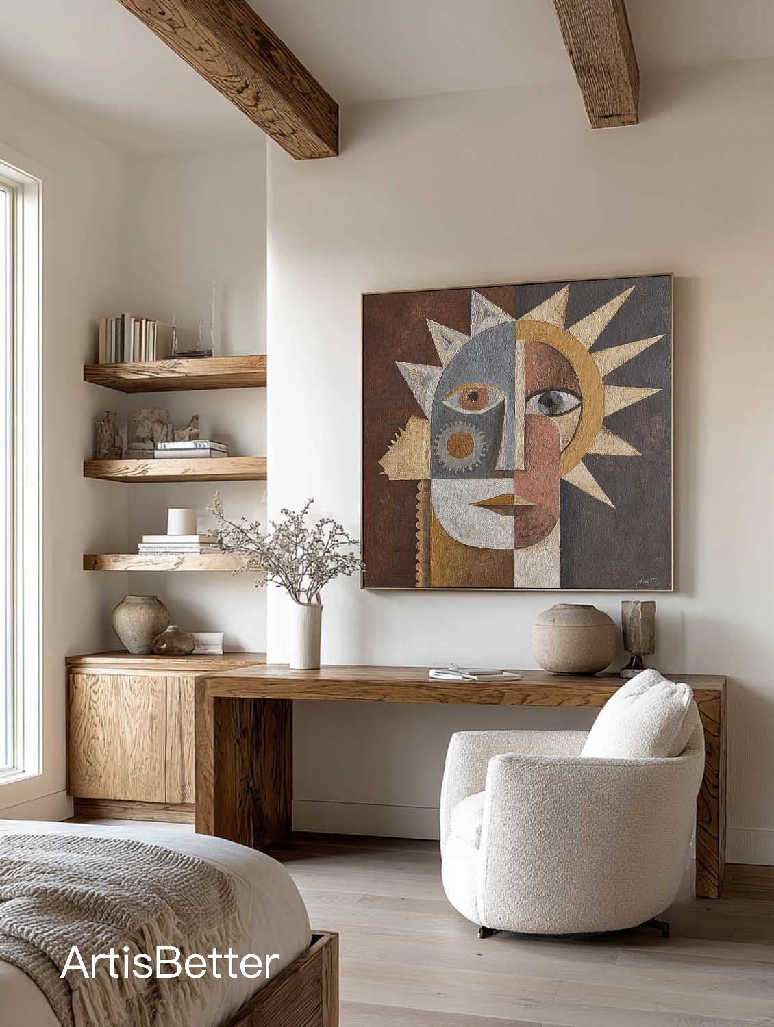 Large Textured Geometric Abstract Face Painting Contemporary Textured Abstract Sun Canvas Brown Canvas Wall Art