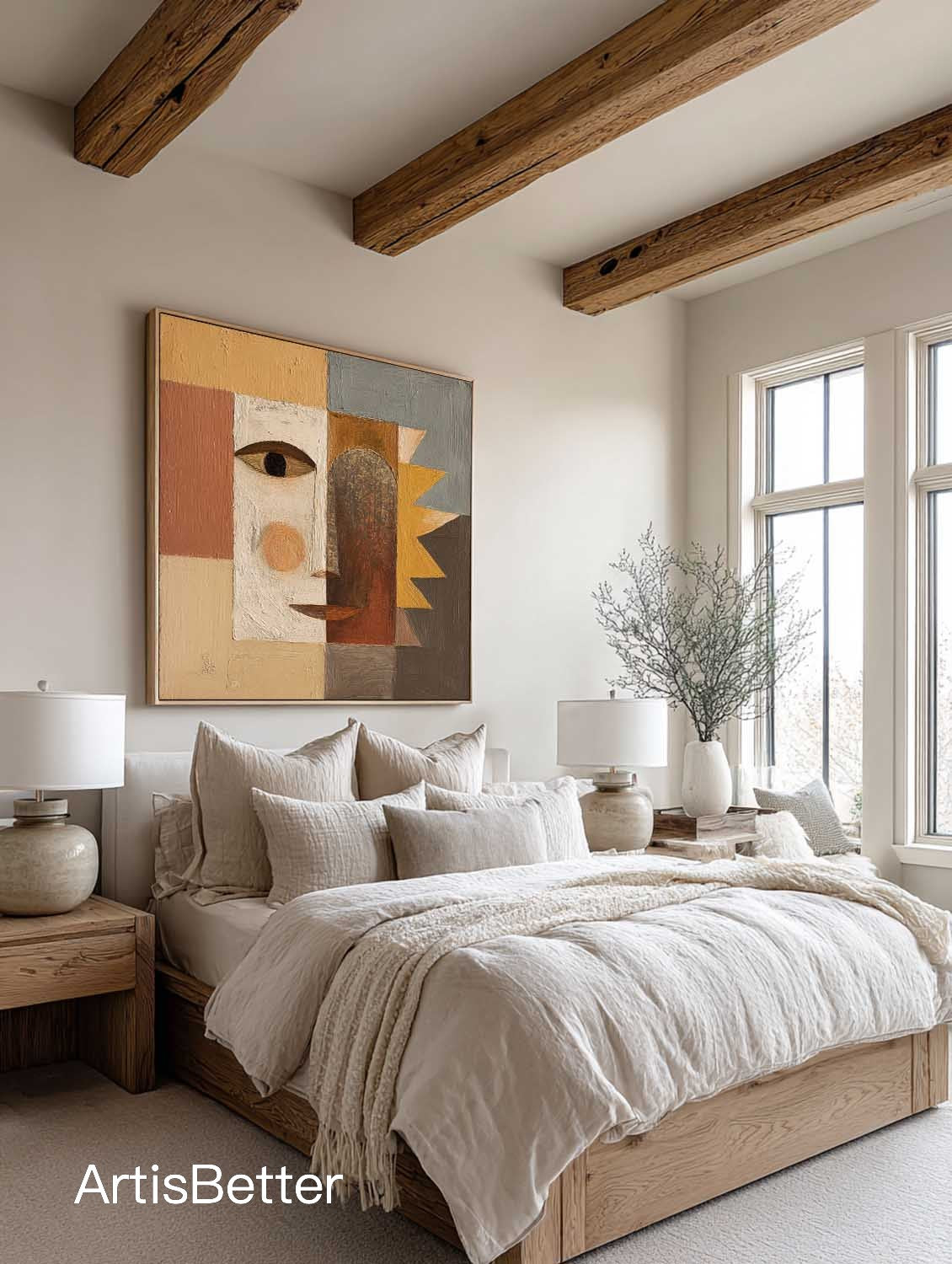 Contemporary Brown And Cream Geometric Portrait Painting Handmade Brown And Beige Geometric Abstract Painting