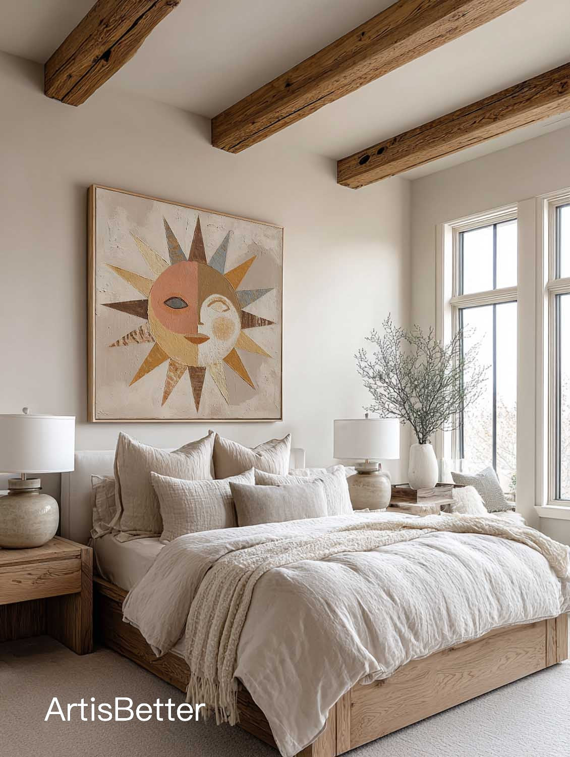 Original Textured Abstract Sun Face Wall Art Large Textured Abstract Portrait Canvas Neutral Beige Canvas Wall Art