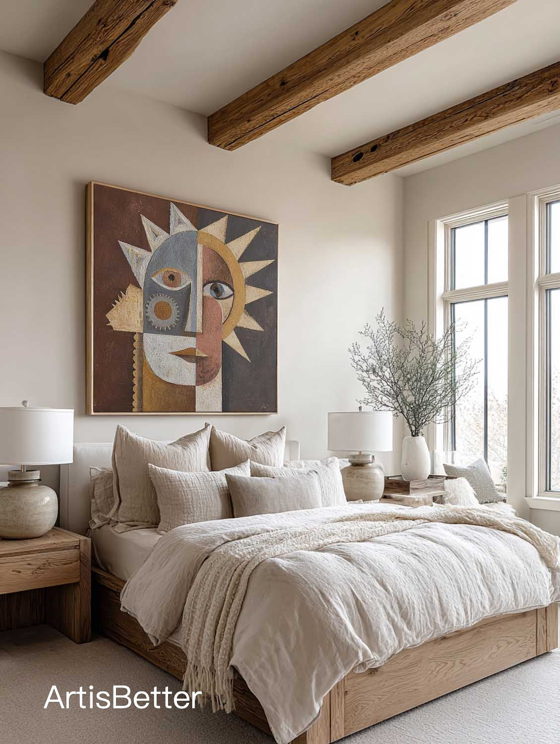 Large Textured Geometric Abstract Face Painting Contemporary Textured Abstract Sun Canvas Brown Canvas Wall Art