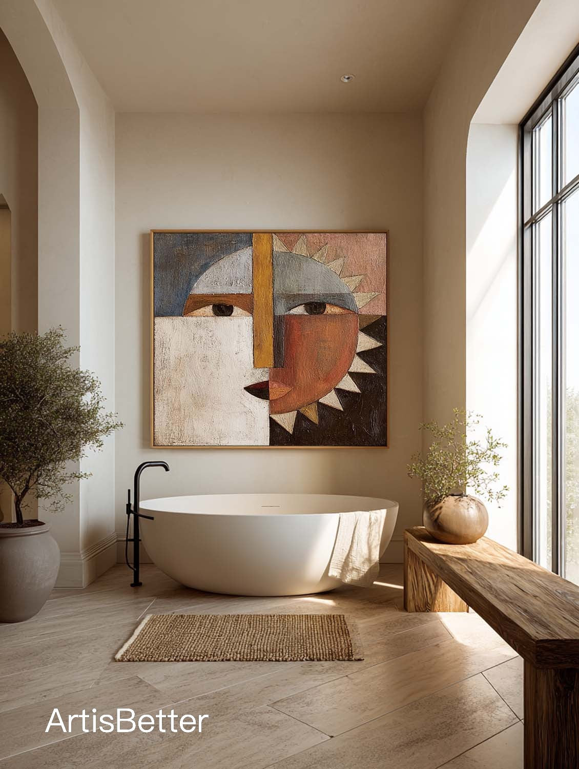 Original Abstract Sun Moon Canvas Artwork Modern Earthy Brown Geometric Abstract Oil Painting Modern Geometric Wall Art