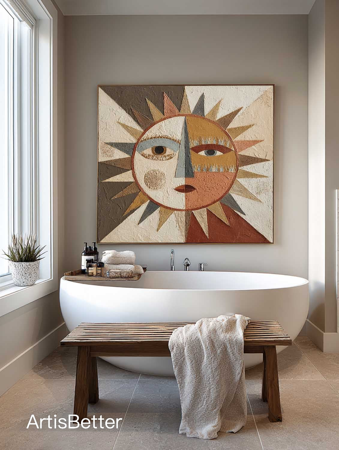 Handmade Textured Geometric Abstract Sun Face Art Original Textured Abstract Sun Face Oil Painting Neutral Earth Tone Painting