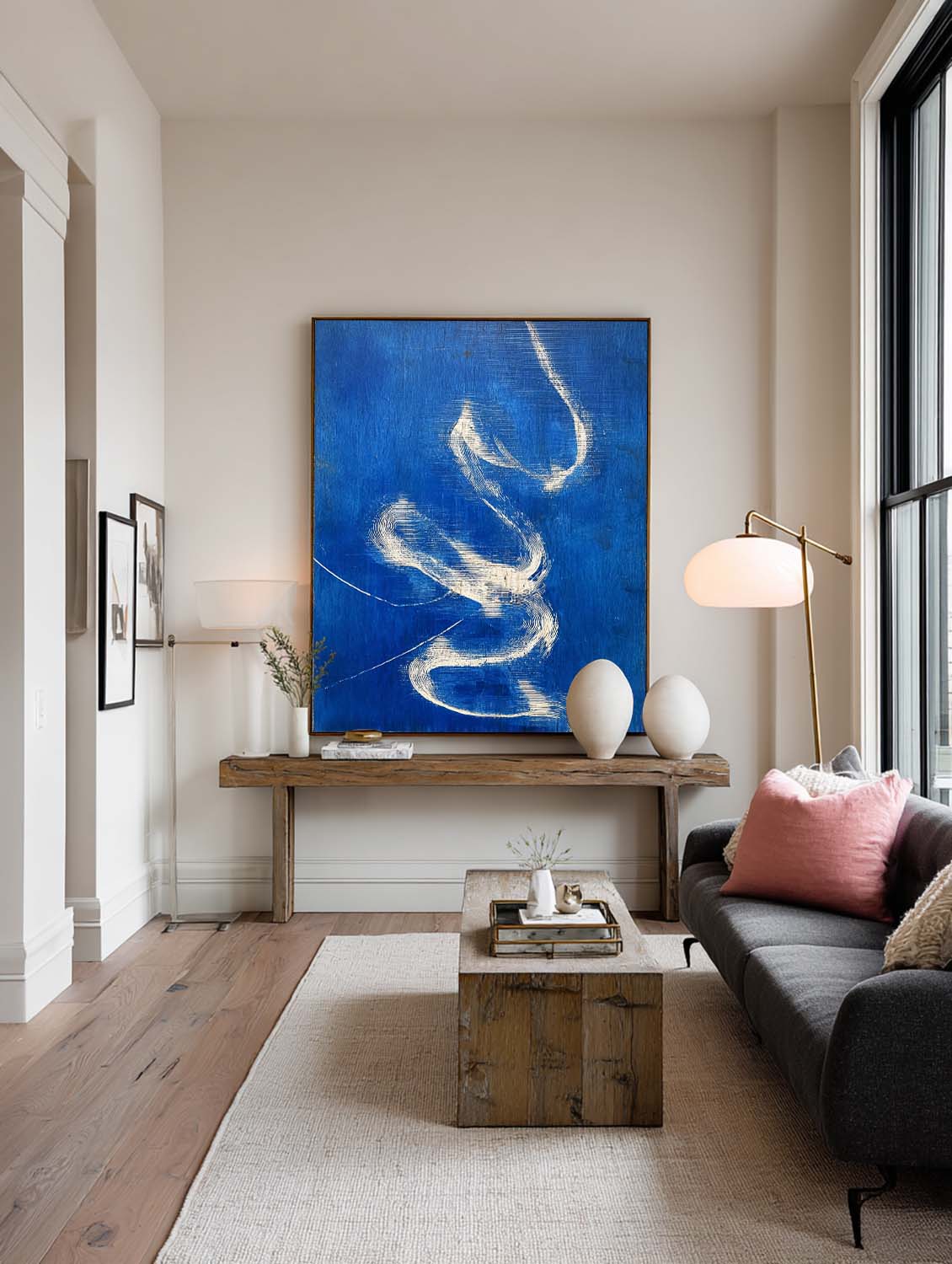 Hand-Painted Blue Abstract Oil Painting Modern Blue And White Abstract Painting Blue Abstract Line Wall Art