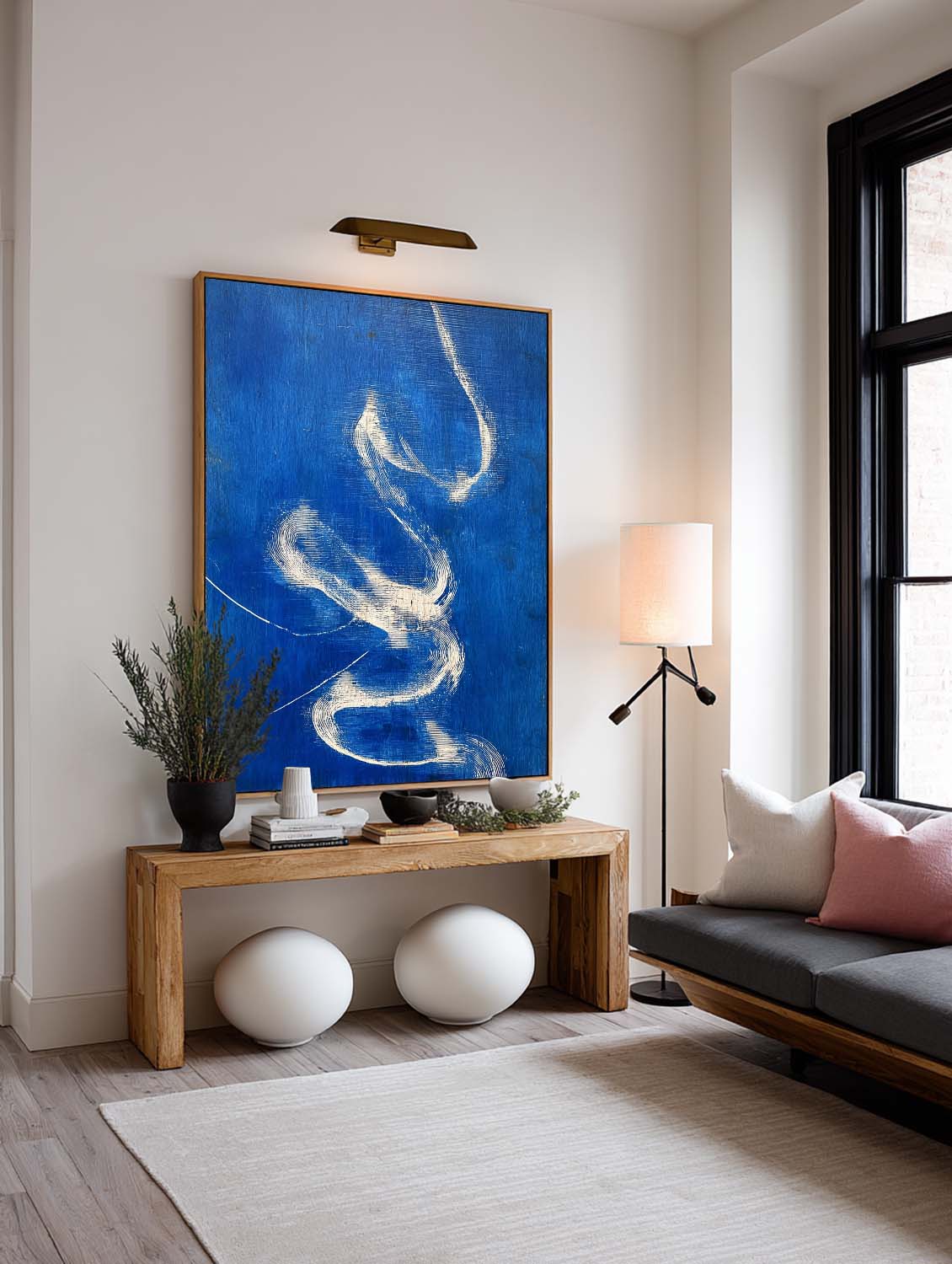 Hand-Painted Blue Abstract Oil Painting Modern Blue And White Abstract Painting Blue Abstract Line Wall Art