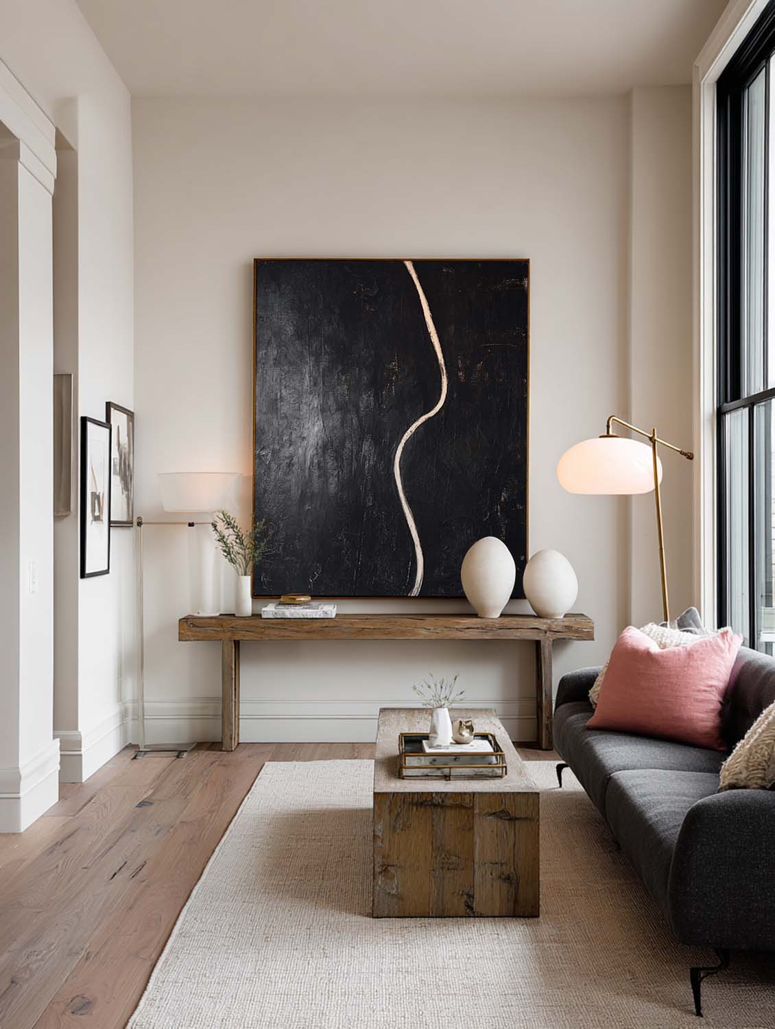 Minimalist Black Abstract Line Painting Contemporary Black Abstract Canvas Painting Handmade Black Minimalist Line Texture Art