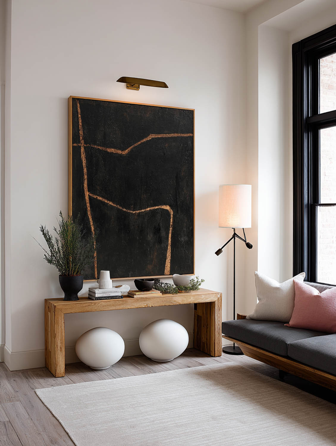 Minimalist Black Abstract Line Painting Modern Handmade Black Abstract Canvas Art Large Black Line Oil Painting