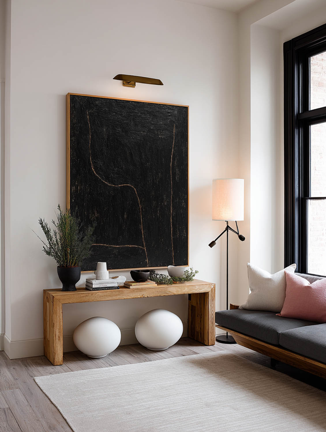 Black Minimalist Line Art Painting On Canvas Handmade Black Abstract Line Artwork Modern Black Textured Line Painting