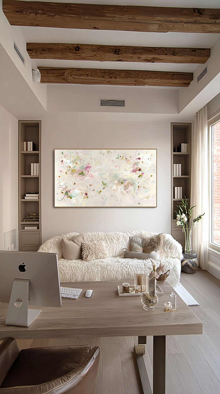 Horizontal Beige Abstract Floral Painting On Canvas Large Beige Abstract Flower Painting Horizontal Multicolor Canvas Art