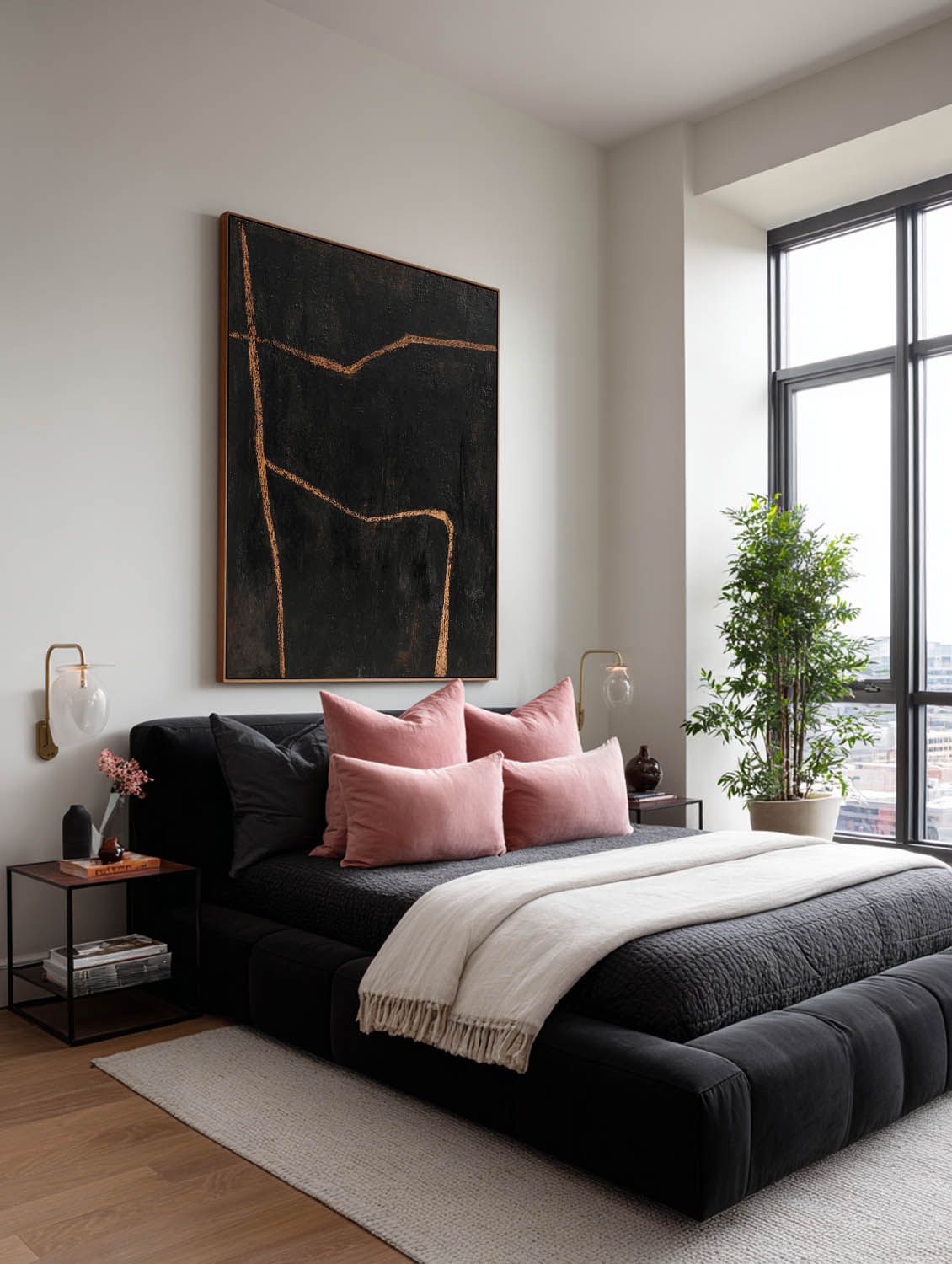 Minimalist Black Abstract Line Painting Modern Handmade Black Abstract Canvas Art Large Black Line Oil Painting