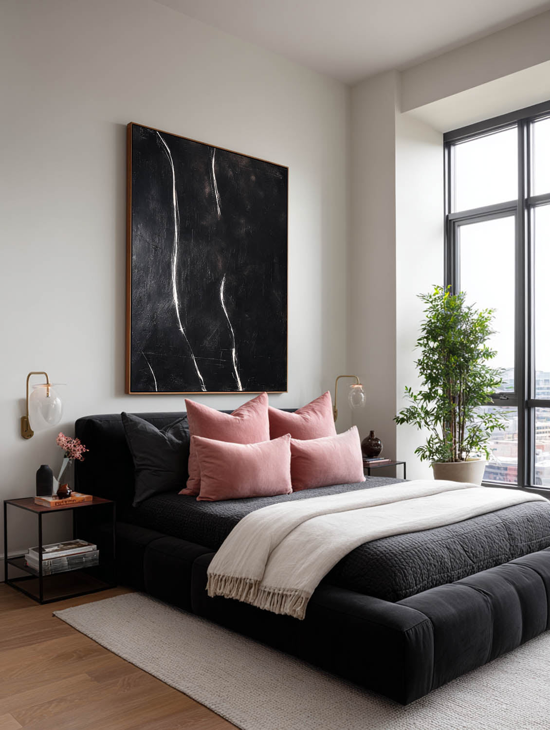 Handmade Black Minimalist Abstract Oil Painting Modern Black Abstract Textured Painting Black Minimalist Line Abstract Painting