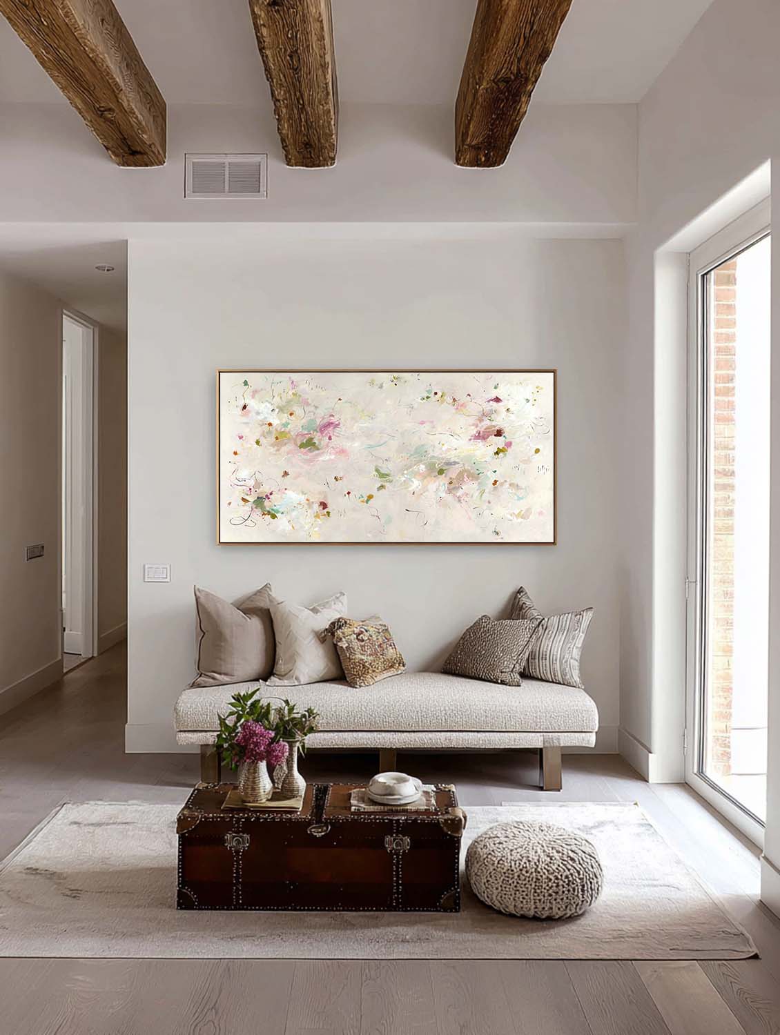 Horizontal Beige Abstract Floral Painting On Canvas Large Beige Abstract Flower Painting Horizontal Multicolor Canvas Art