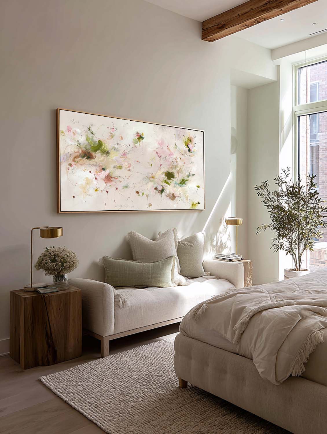 Minimalist Beige Abstract Flower Painting Horizontal Beige Abstract Floral Painting Horizontal Handmade Abstract Floral Oil Painting