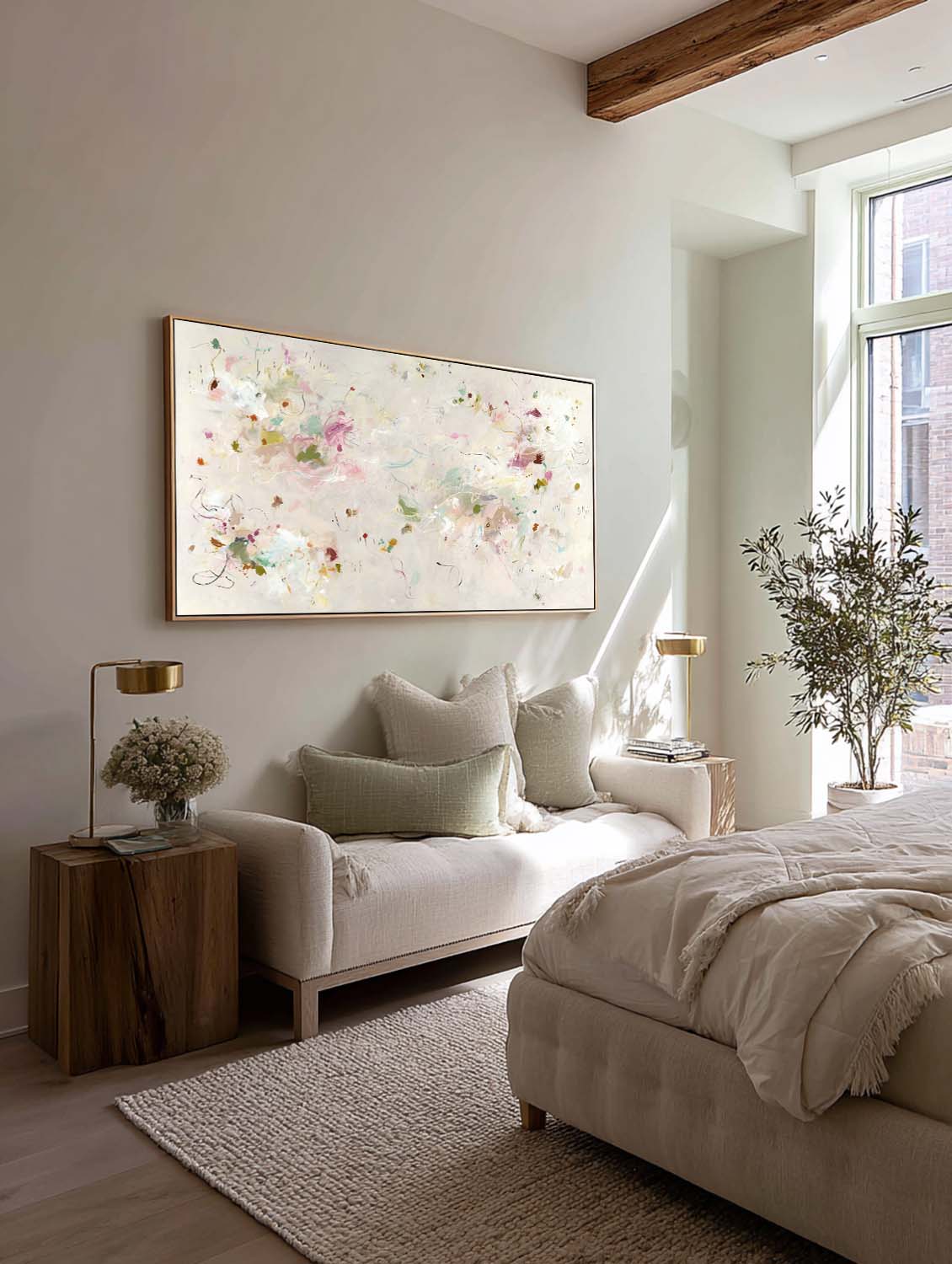 Horizontal Beige Abstract Floral Painting On Canvas Large Beige Abstract Flower Painting Horizontal Multicolor Canvas Art