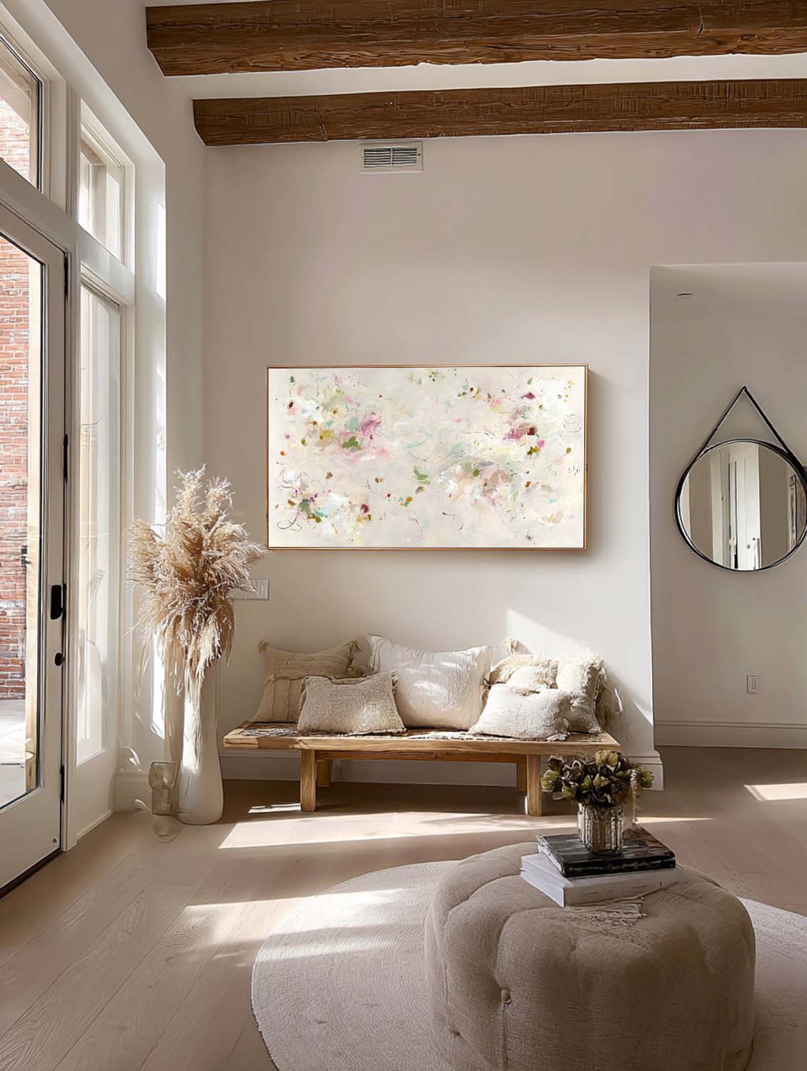 Horizontal Beige Abstract Floral Painting On Canvas Large Beige Abstract Flower Painting Horizontal Multicolor Canvas Art