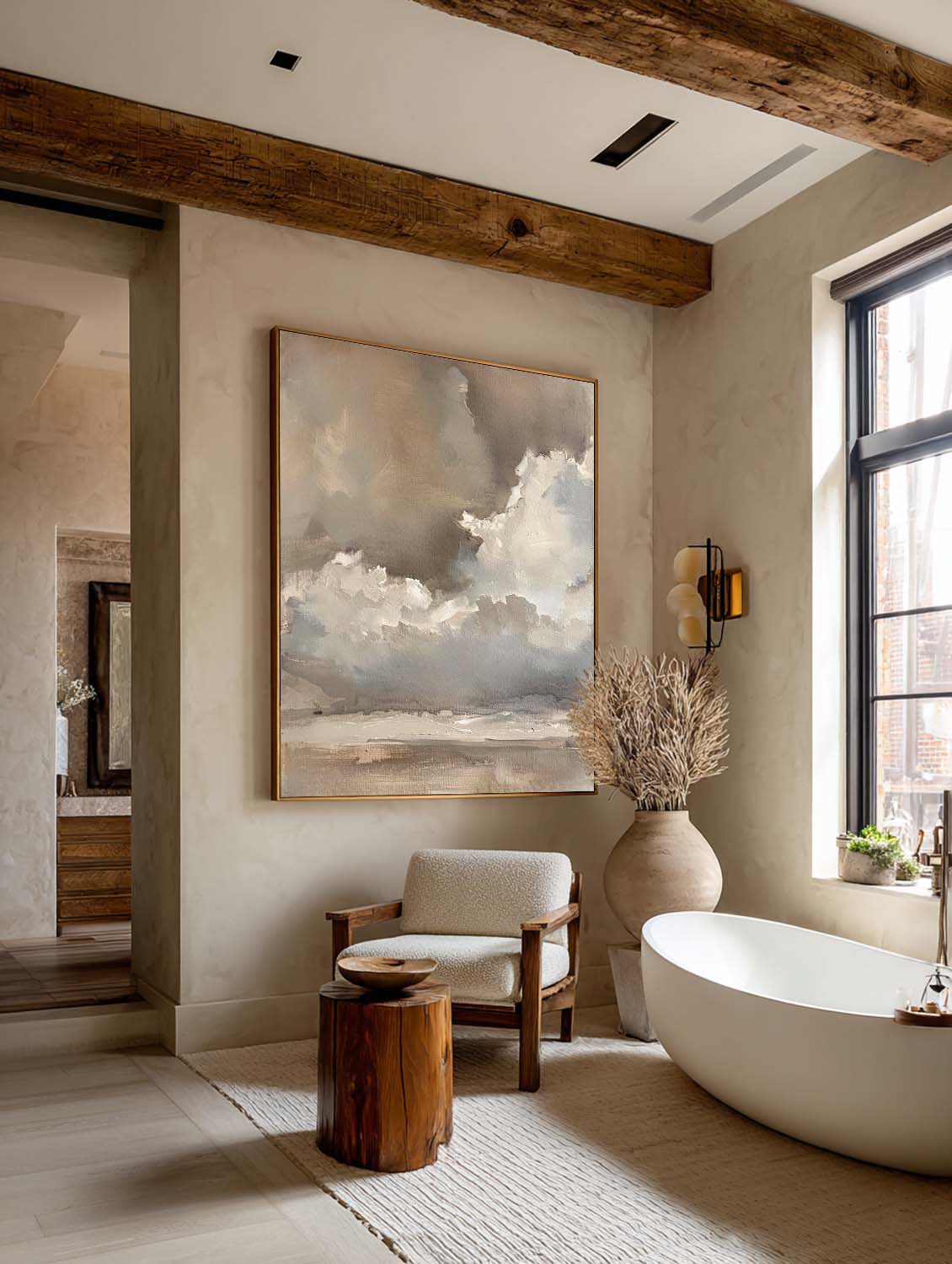 Vintage Beige And Brown Cloud Wall Art Cloudy Sky Oil Painting Vintage Neutral Cloud Painting