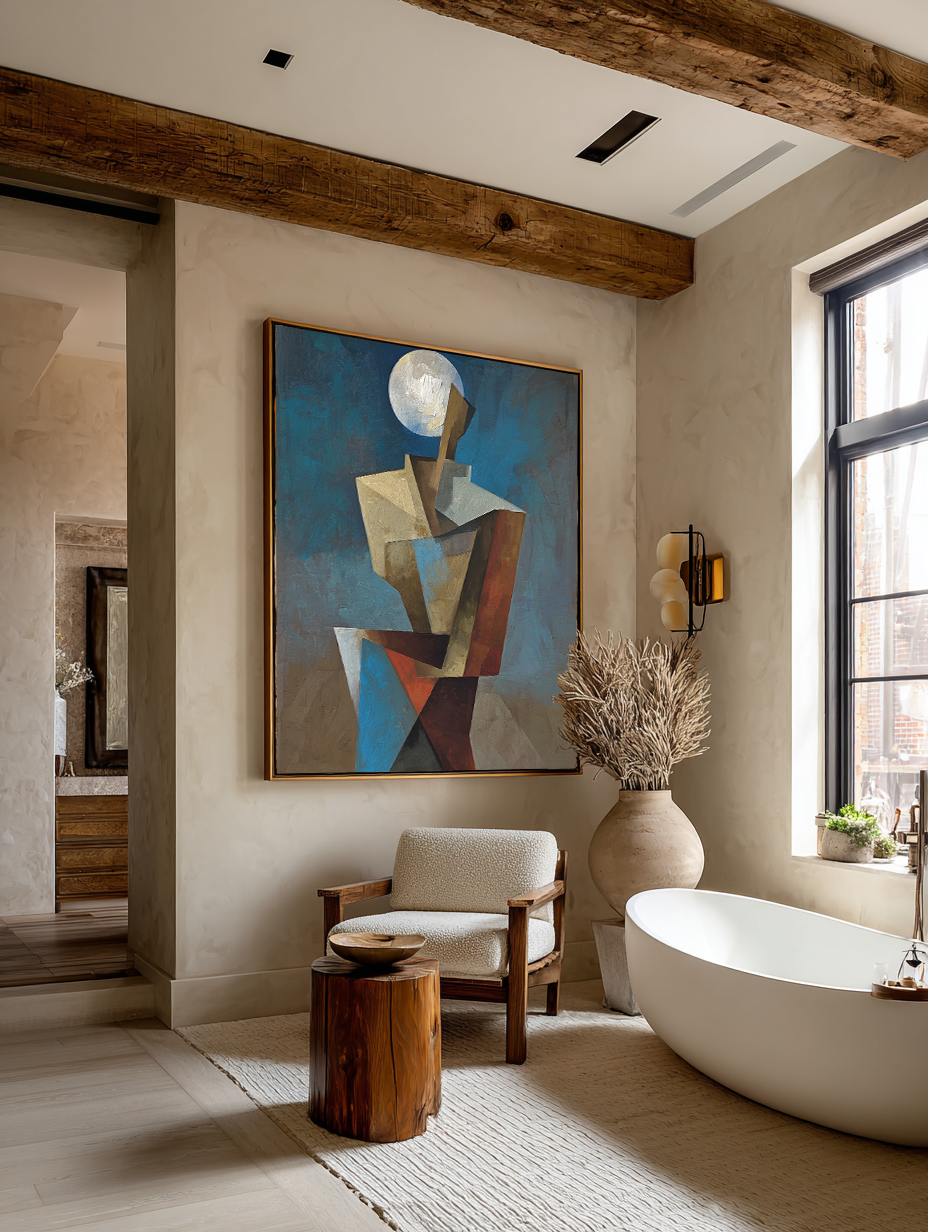 Original Red And Blue Geometry Wall Art Large Modern Colorful Geometric Oil Painting Minimalist Colorful Geometric Hand Wall Art