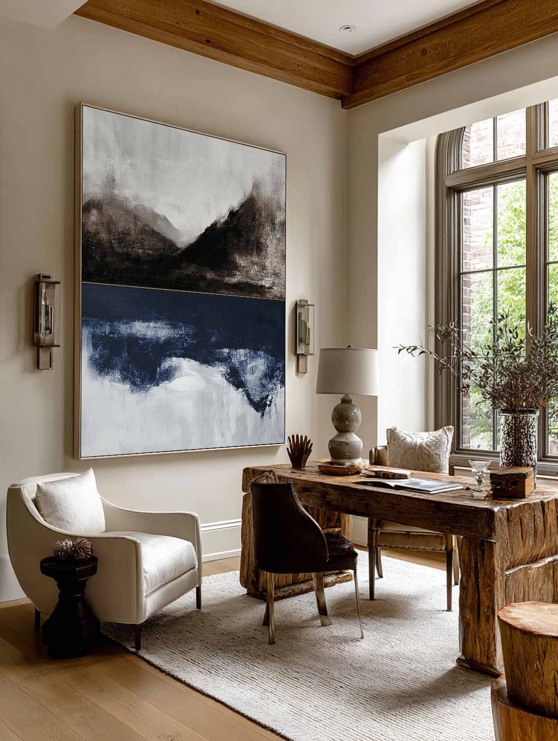 Minimalist Abstract Landscape Oil Painting Neutral Wabi Sabi Wall Art Black And Blue Handmade Canvas Painting