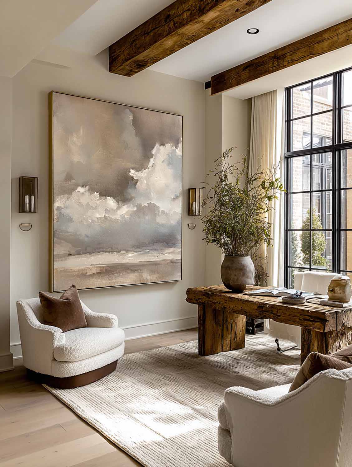 Vintage Beige And Brown Cloud Wall Art Cloudy Sky Oil Painting Vintage Neutral Cloud Painting