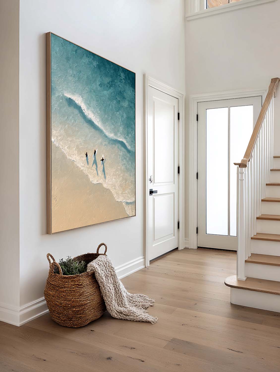 Handmade Blue and White Ocean Abstract Painting Blue and Beige Textured Surfing Wall Art Neutral Coastal Wall Decor