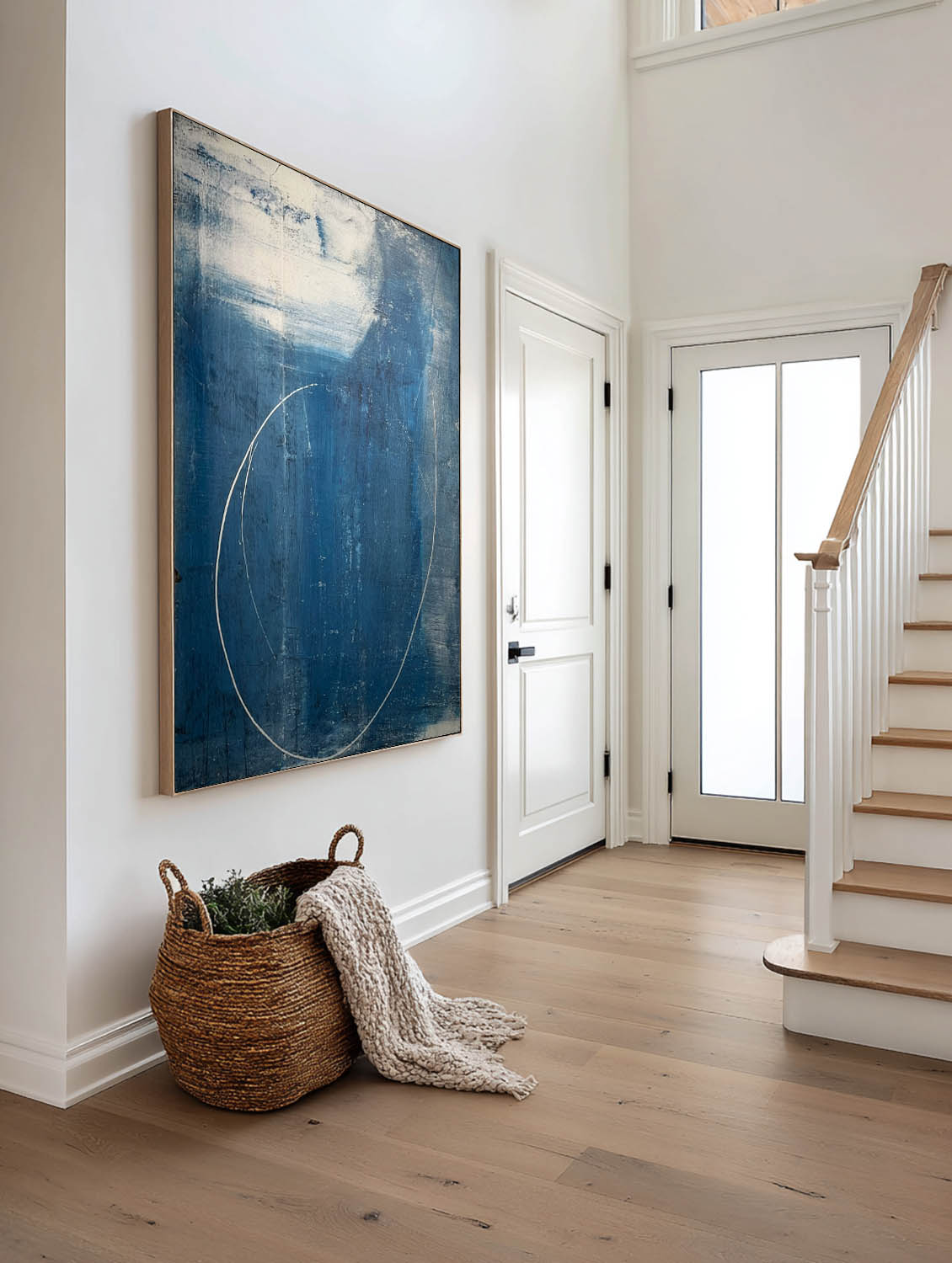 Navy Blue One Line Abstract Painting Minimalist Navy Blue Frame Wall Art Handmade Blue Abstract Line Canvas Art