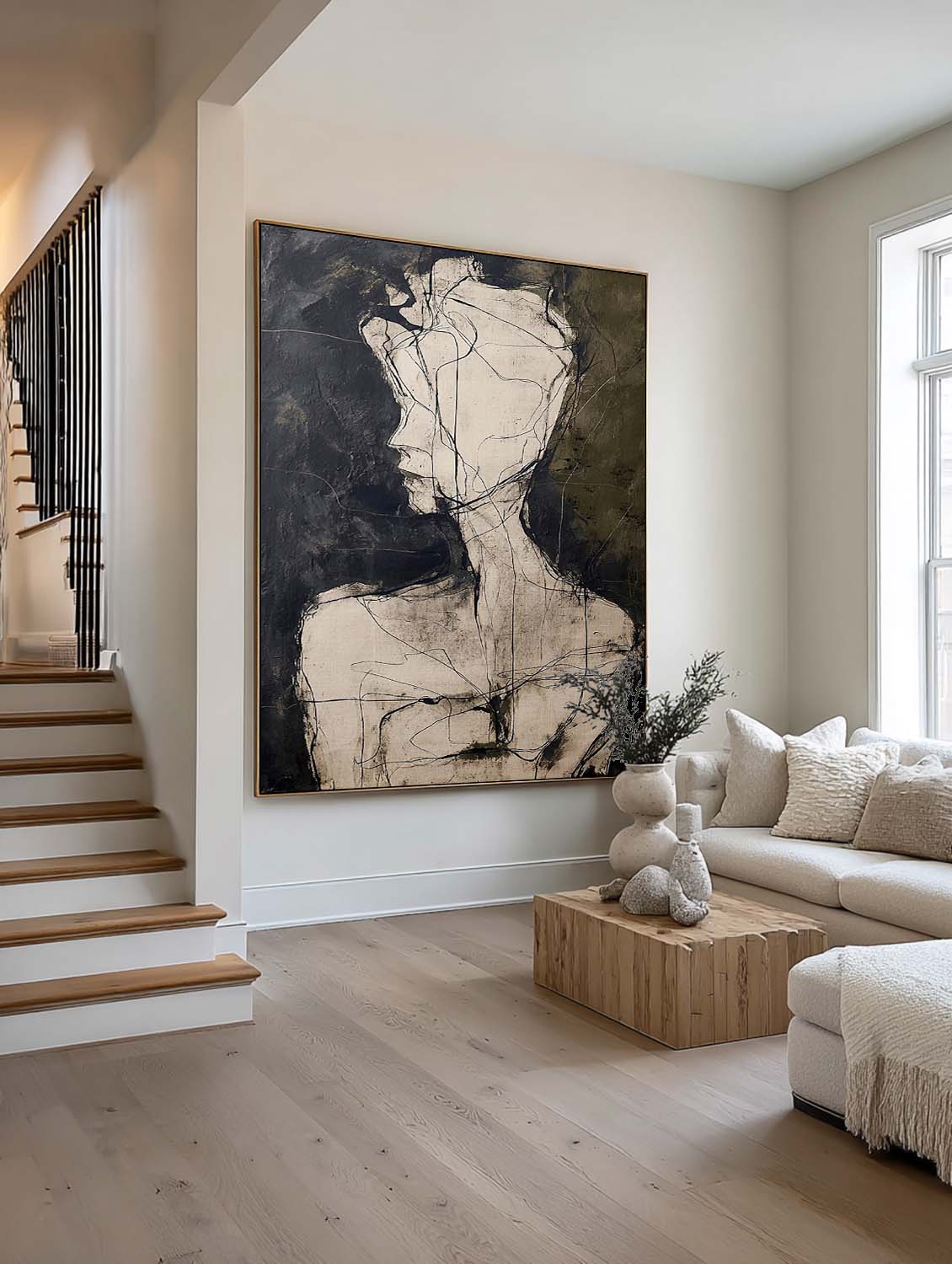 Contemporary Black and Beige Minimalist Figure Painting Minimalist Figurative Wall Art Organic Line Drawing Oil Artwork