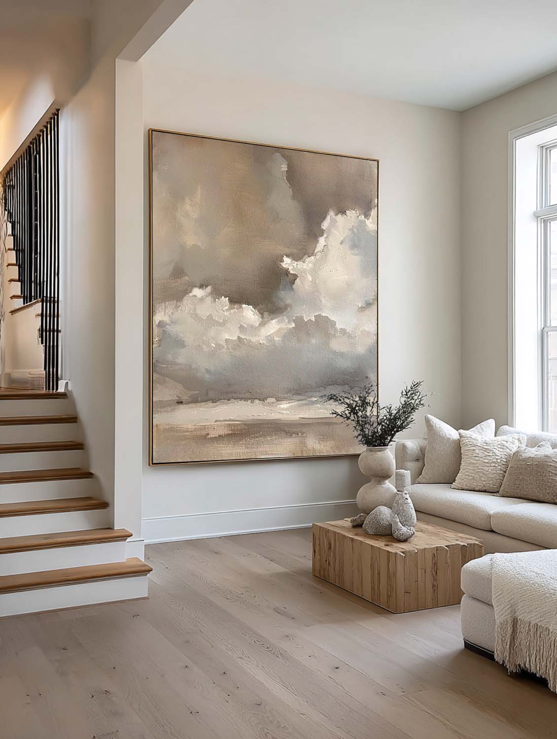 Vintage Beige And Brown Cloud Wall Art Cloudy Sky Oil Painting Vintage Neutral Cloud Painting