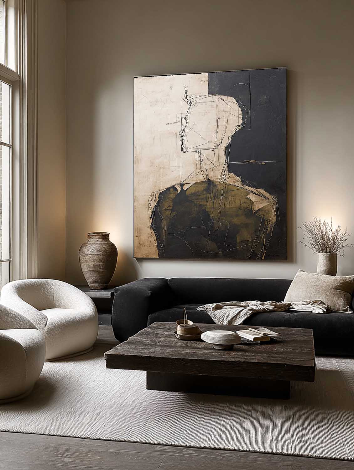Black Beige Abstract Figure Painting Neutral Black And Beige Abstract Portrait Art Large Figure Wall Art For Home Interiors