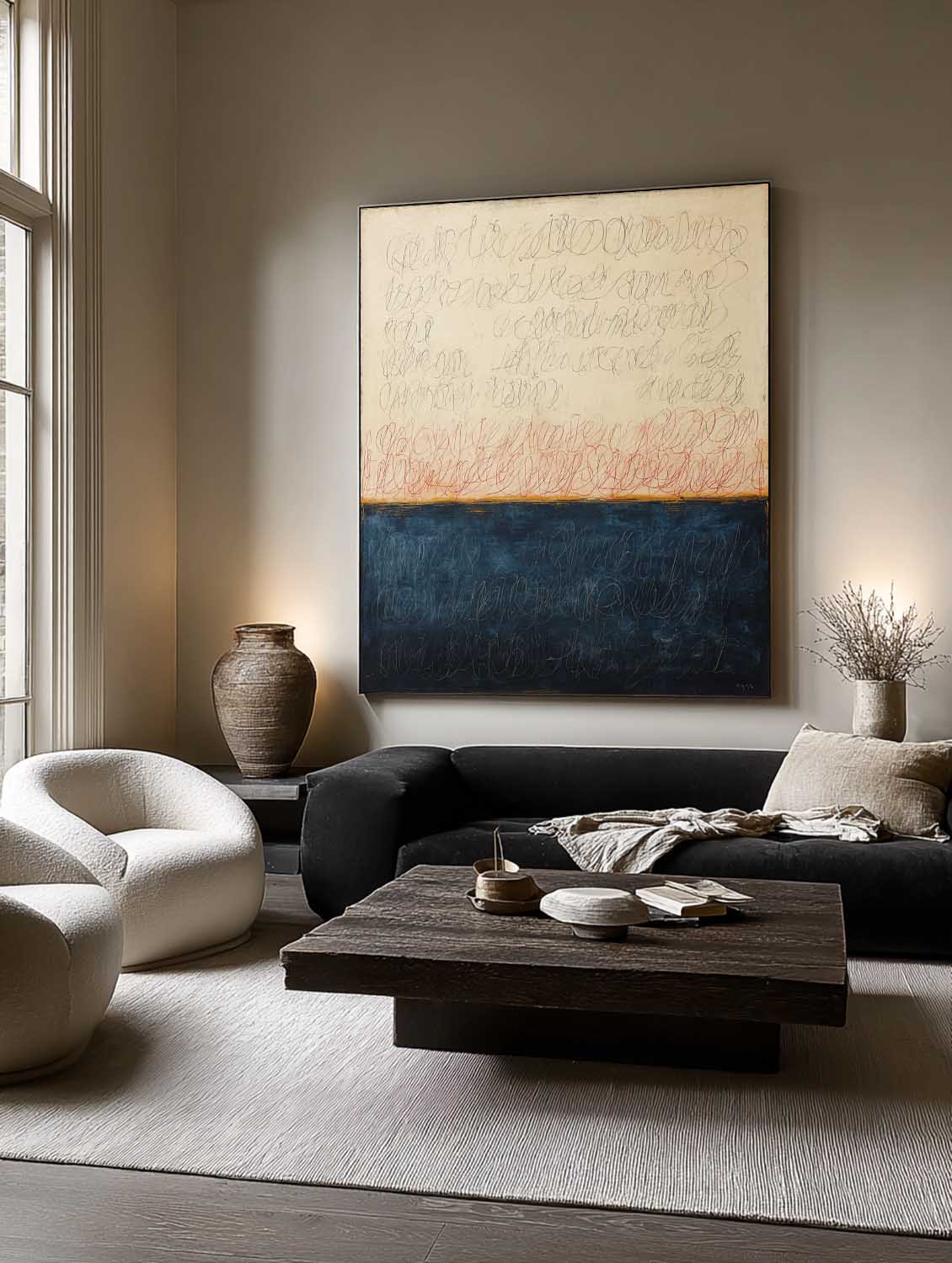 Large Beige and Blue Abstract Line Painting Original Hand-Painted Beige and Deep Blue Abstract Canvas Beige and Blue Abstract Line Art