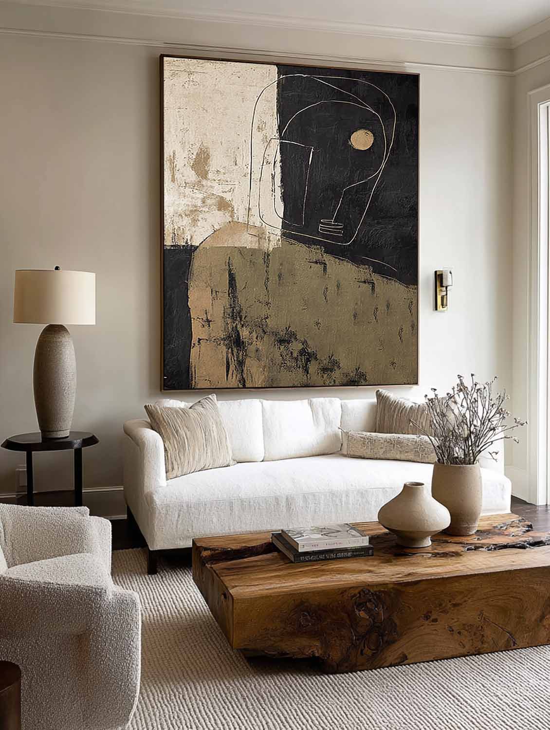 Contemporary Beige And Black Abstract Face Painting Original Black Abstract Portrait Wall Art Minimalist Abstract Figurative Oil Painting