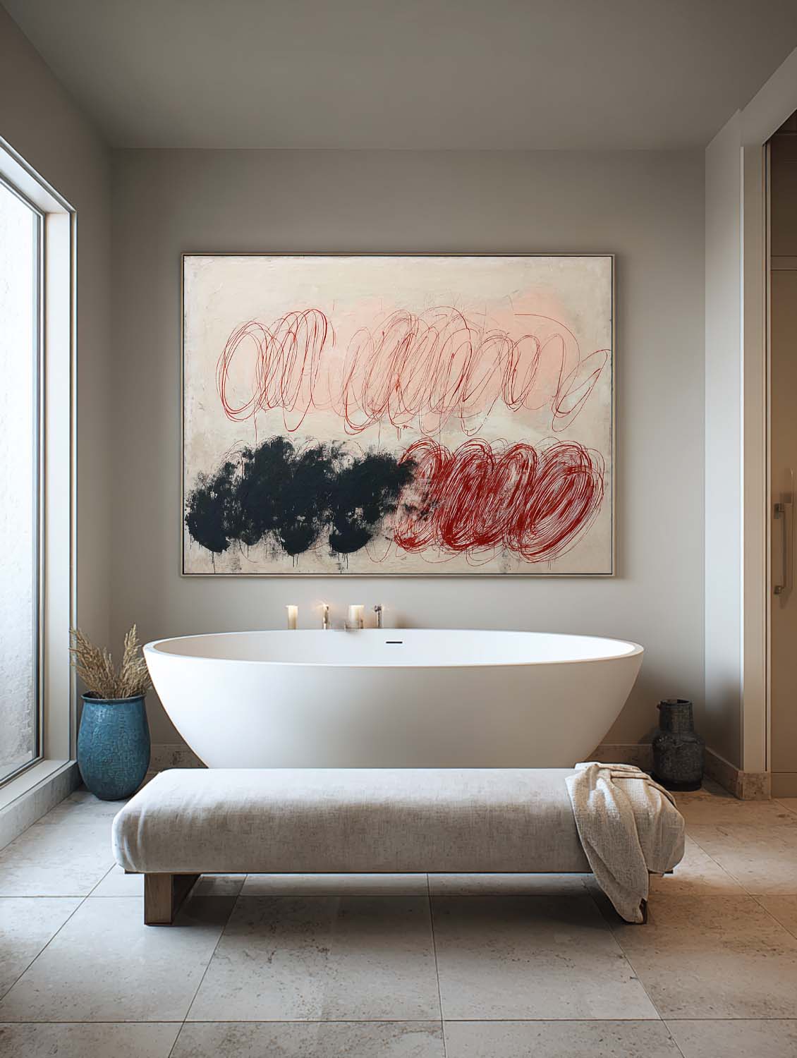 Large Beige And Pink Line Abstract Oil Painting Original Pink Line Wall Art On Canvas Minimalist Line Wall Art