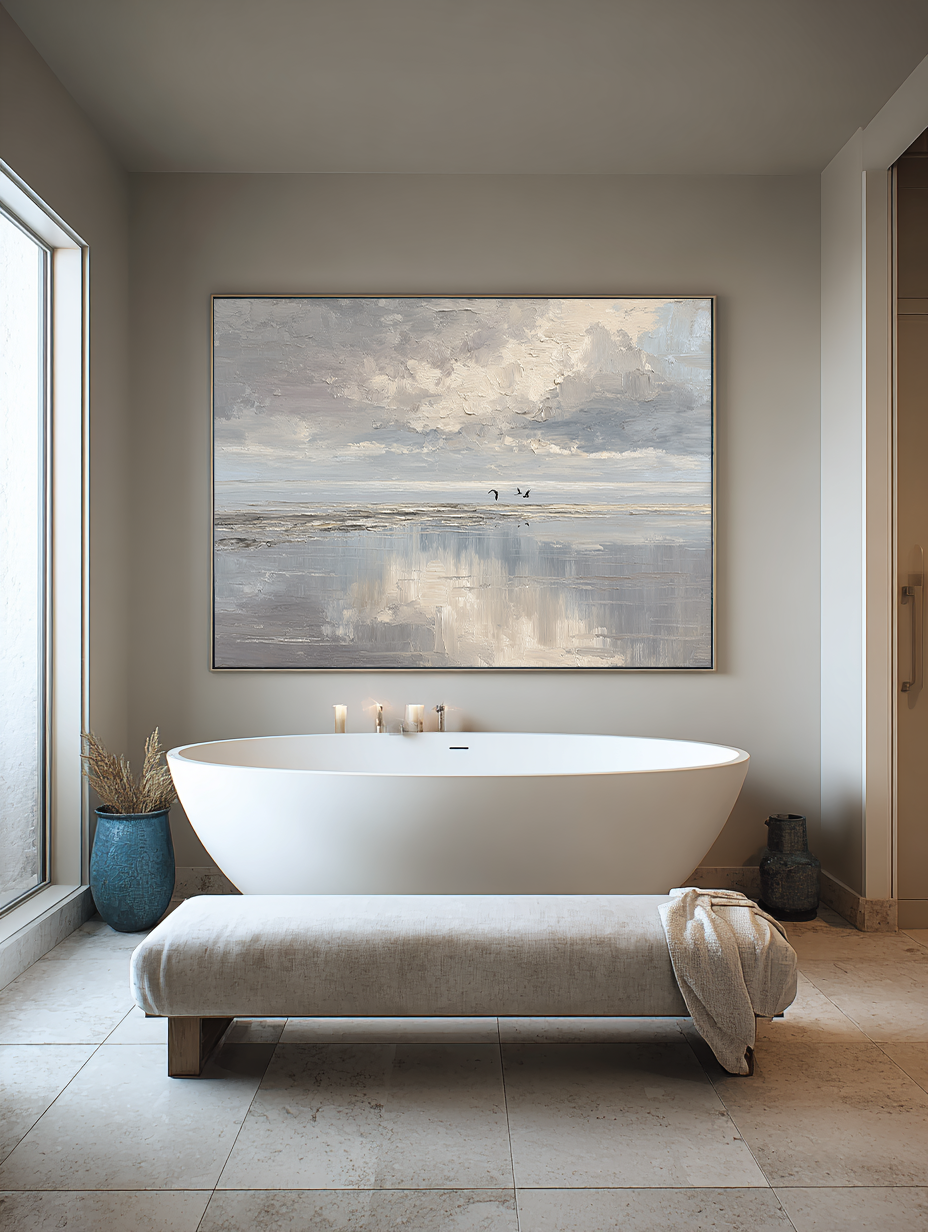 Minimalist Beige And Blue Ocean Wall Art Original Handmade Seascape Oil Painting Large Abstract Beige Ocean Wall Art