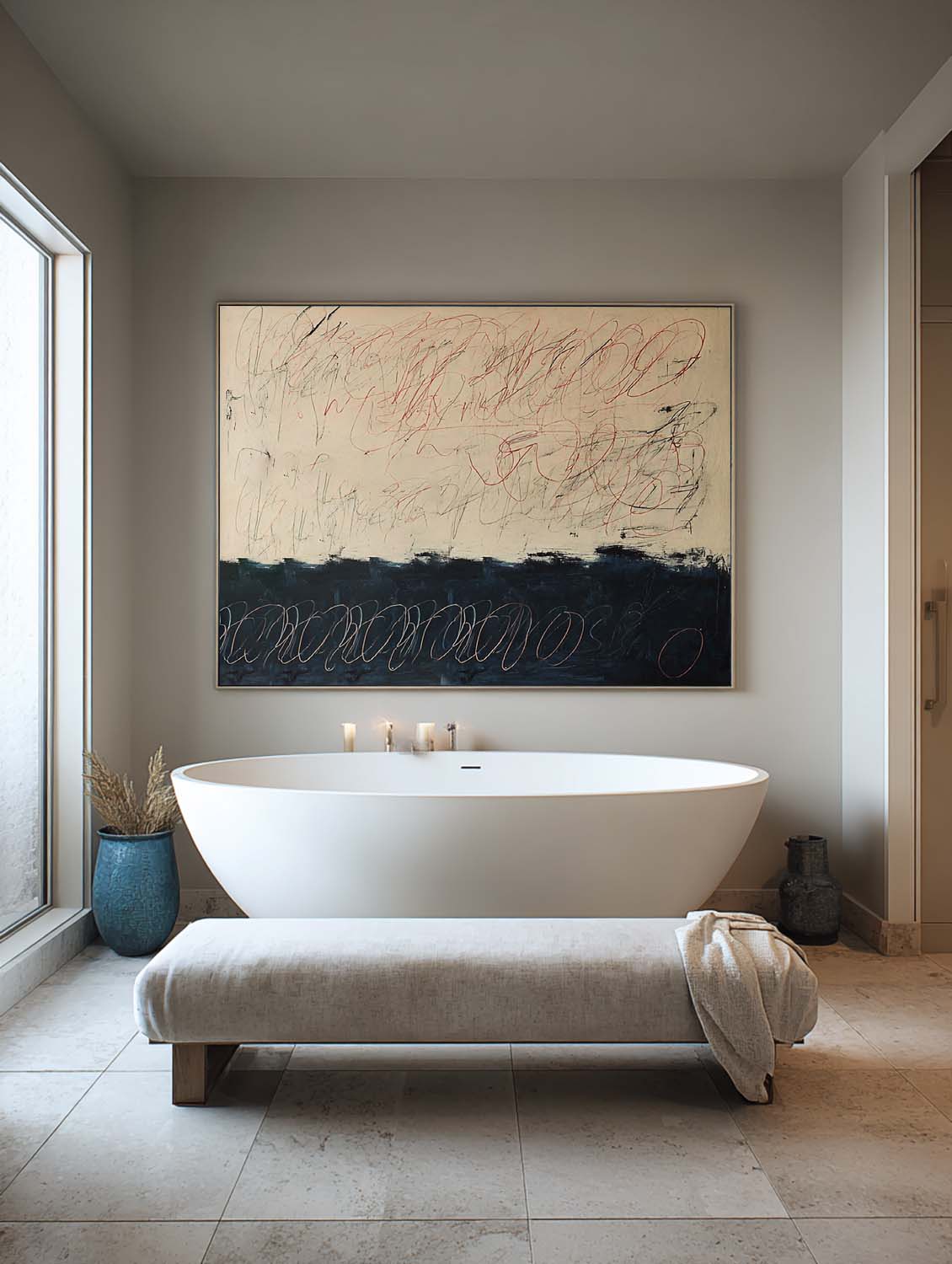 Large Horizontal Beige And Black Abstract Oil Painting Original Minimalist Beige Line Artwork For Modern Interiors