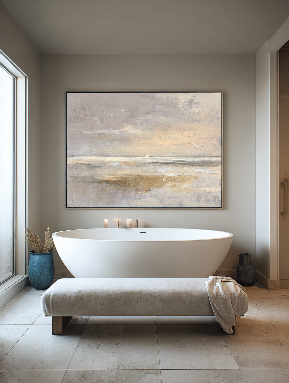 Large Textured Coastal Wall Art Minimalist Beige And Taupe Ocean Artwork Wabi Sabi Abstract Shoreline Canvas With Birds