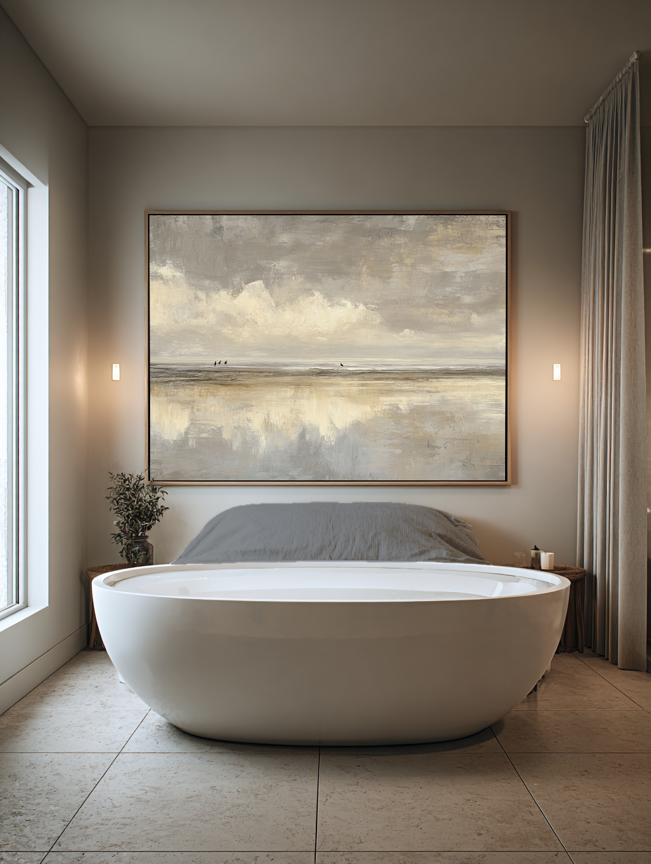 Beige and Gray Coastal Oil Painting Modern Neutral Seascape Canvas Art Wabi-Sabi Beige Coastal Painting
