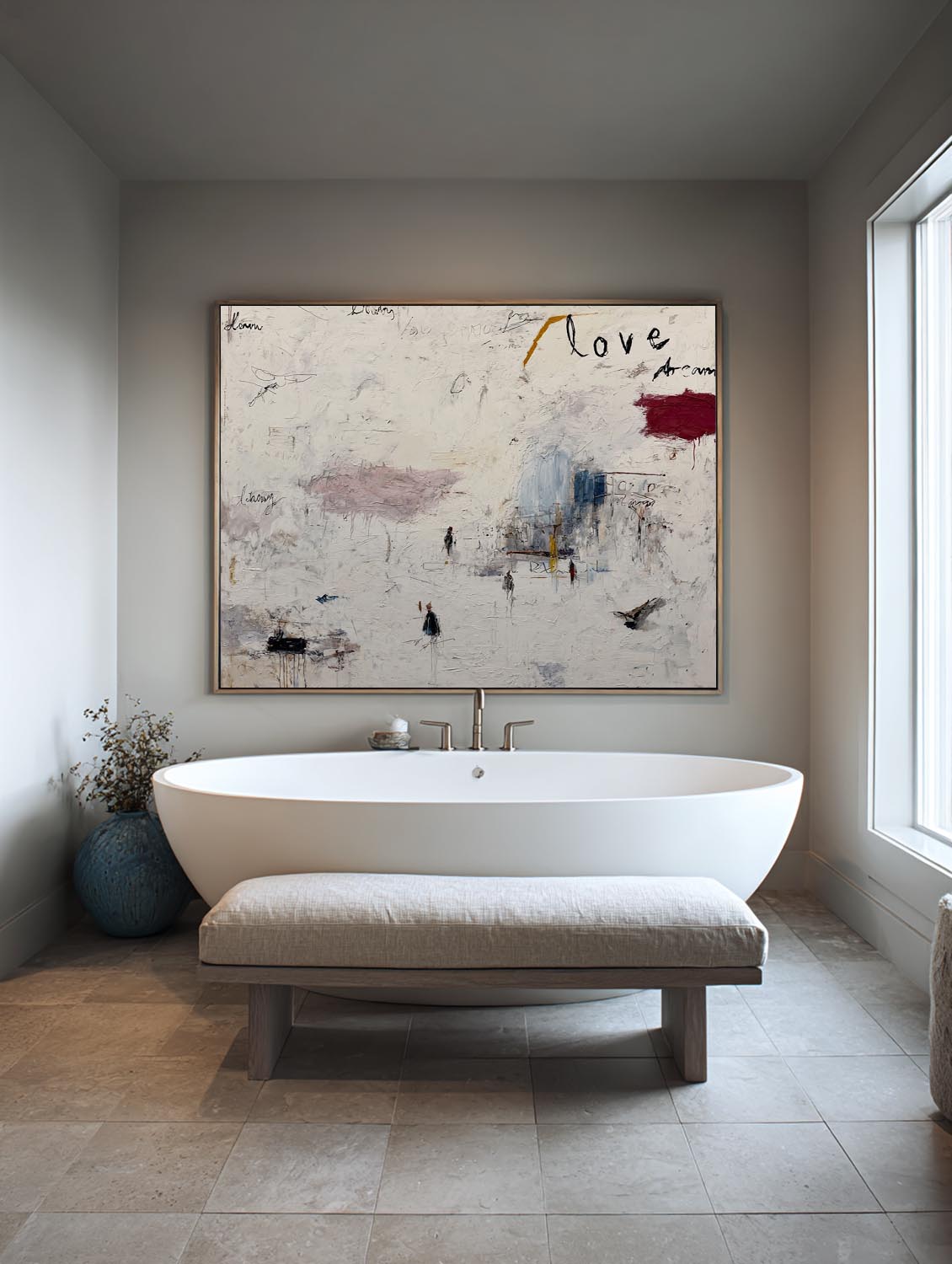 Handmade Neutral White Graffiti Abstract Painting With Love Lettering Minimalist Neutral White Graffiti Wall Art Original Textured Wall Art