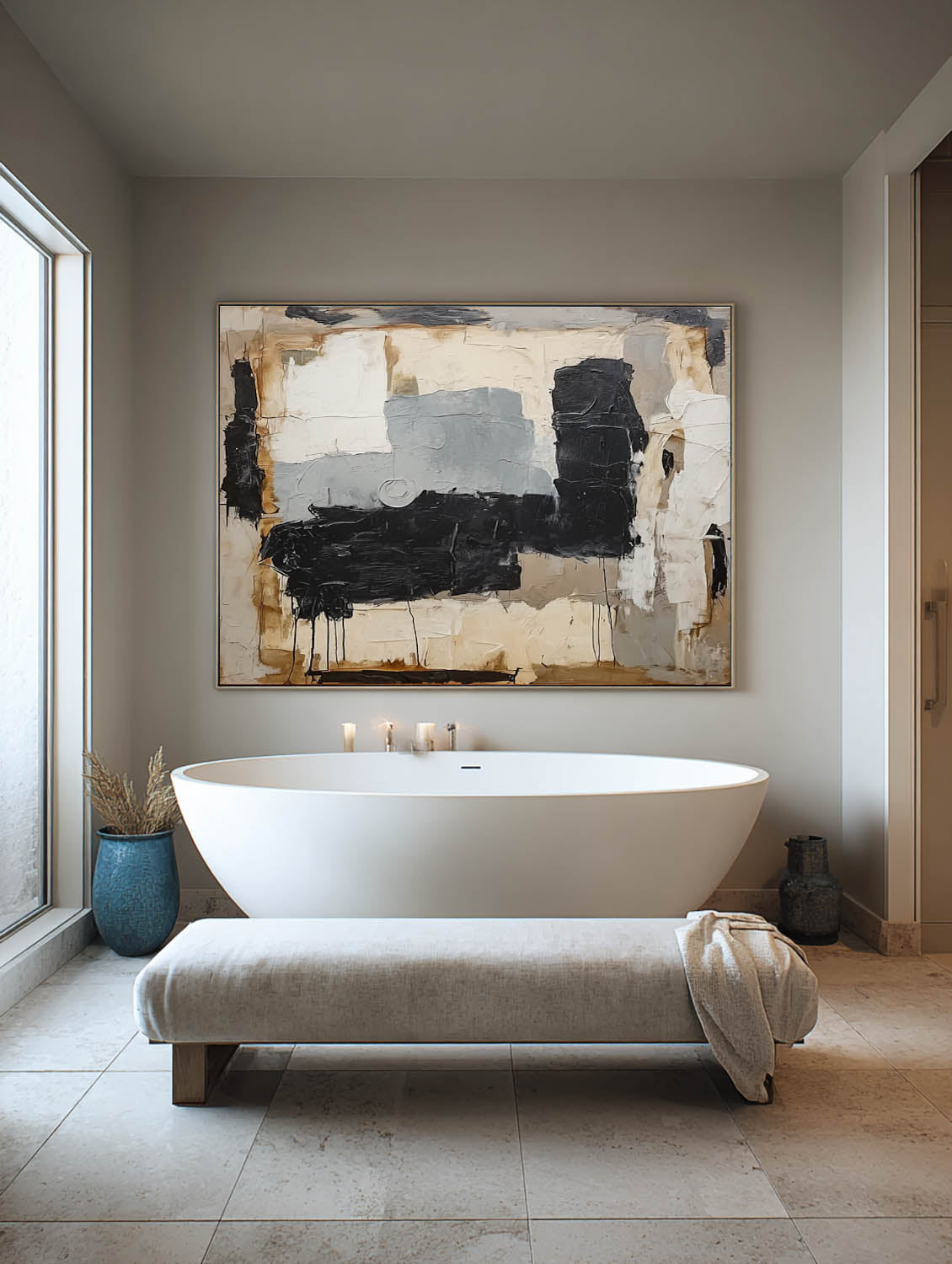 Large Minimalist Beige Gray And Black Abstract Painting Contemporary Abstract Beige And Black Canvas Decor