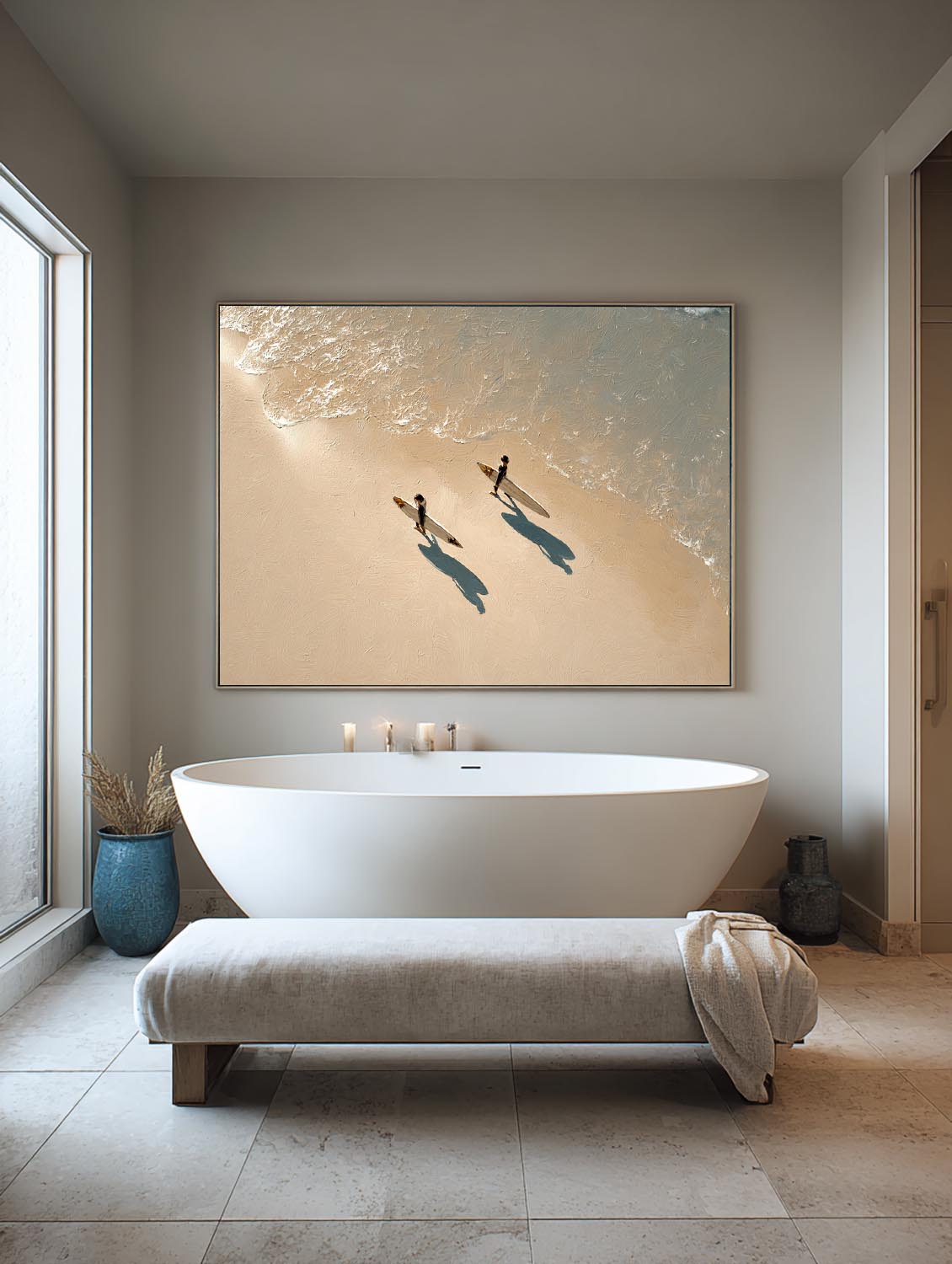 Handmade Blue and Beige Textured Oil Painting Contemporary Beach Scene Artwork Large Textured Seascape Wall Art