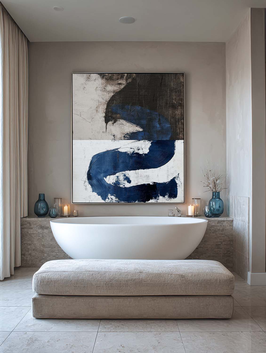Modern Blue And Black Abstract Painting Minimalist Blue Line Textured Canvas Art Handmade Abstract Wall Decor