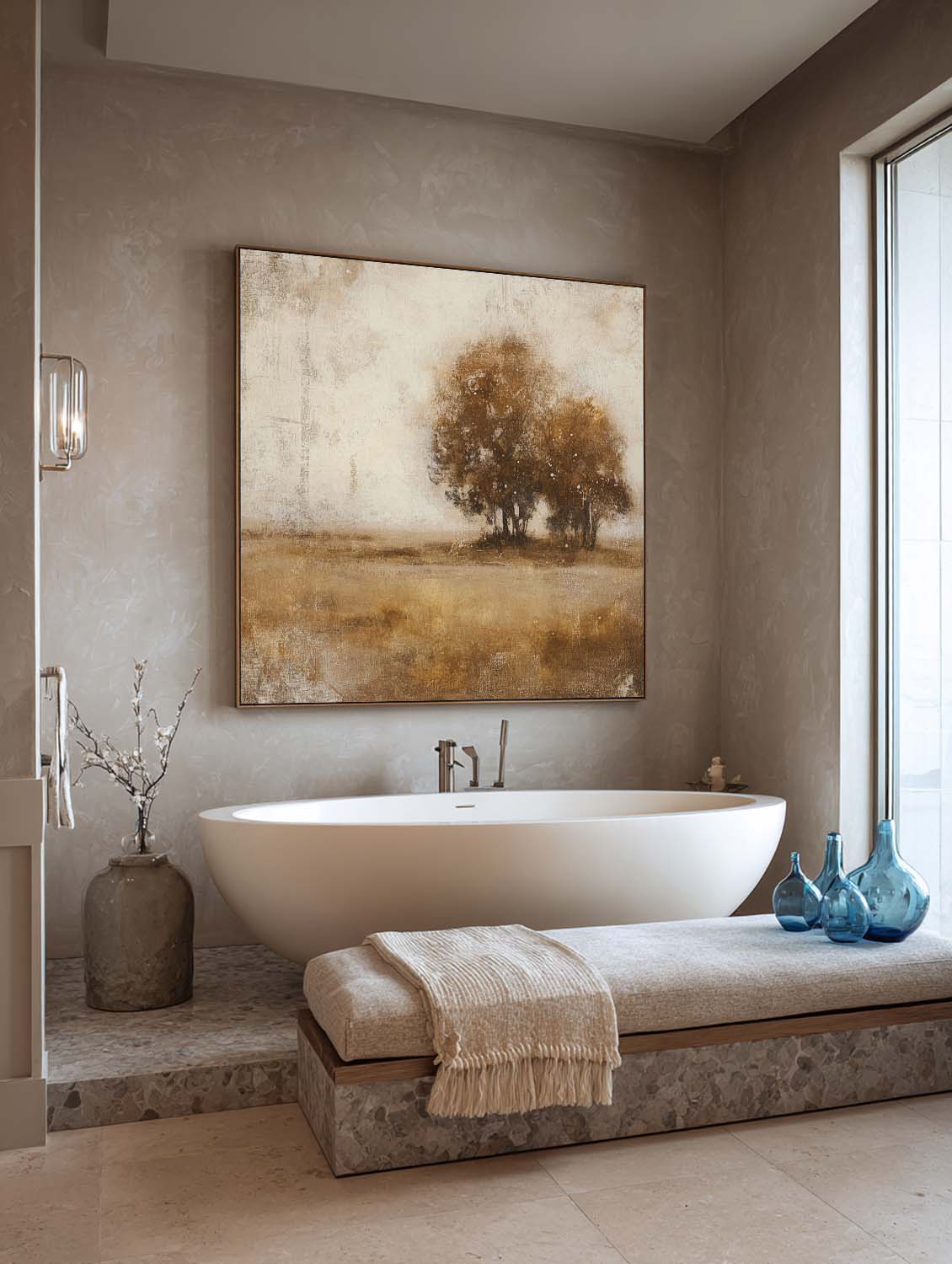 Large Modern Neutral Landscape Oil Painting Neutral Beige And Brown Autumn Tree Oil Painting Beige And Brown Landscape Wall Art